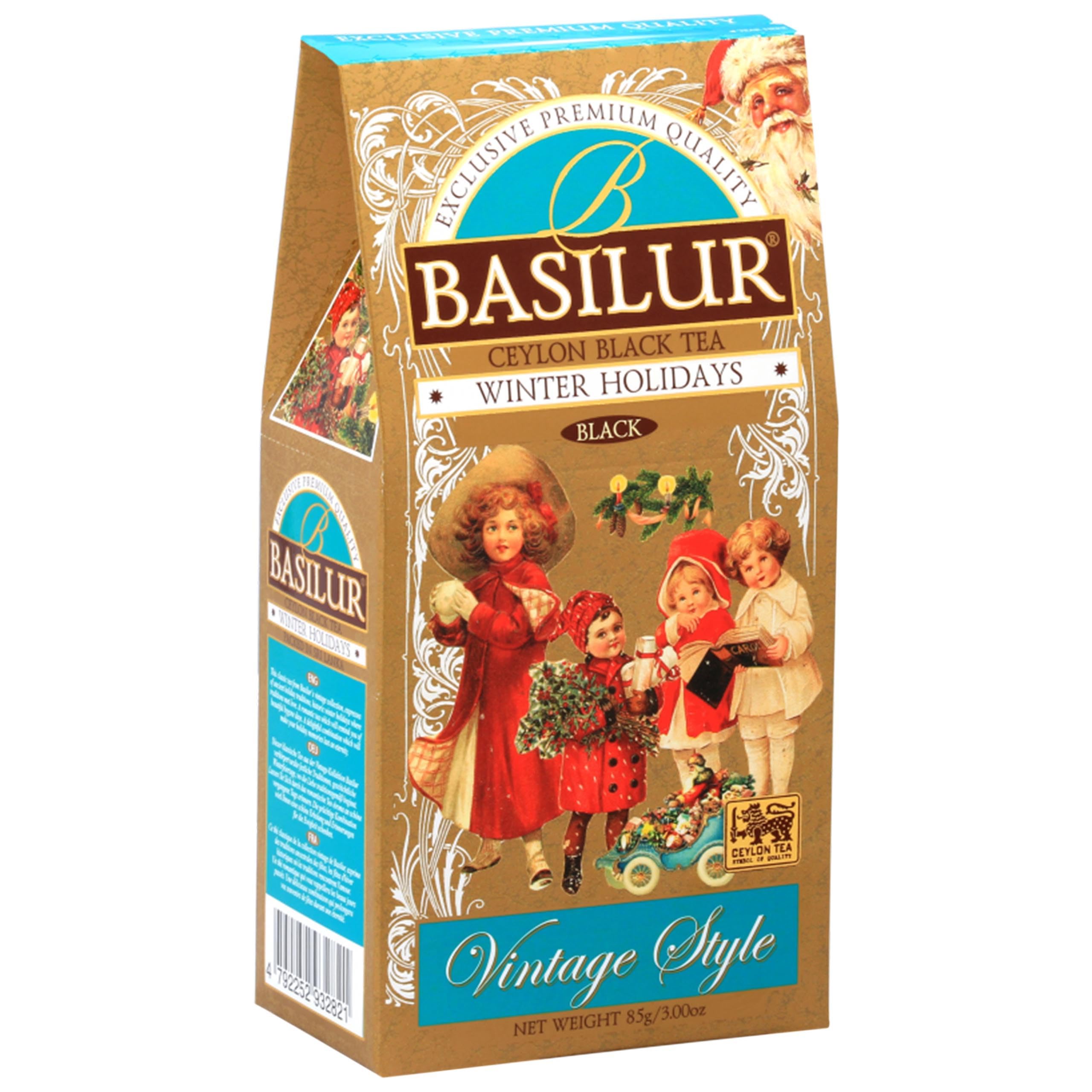 BASILUR Winter Holidays - Czarna liściasta herbata z dodatkiem wiśni, skórki i kwiatów pomarańczy, świąteczna herbata 85 g, 1 paczka