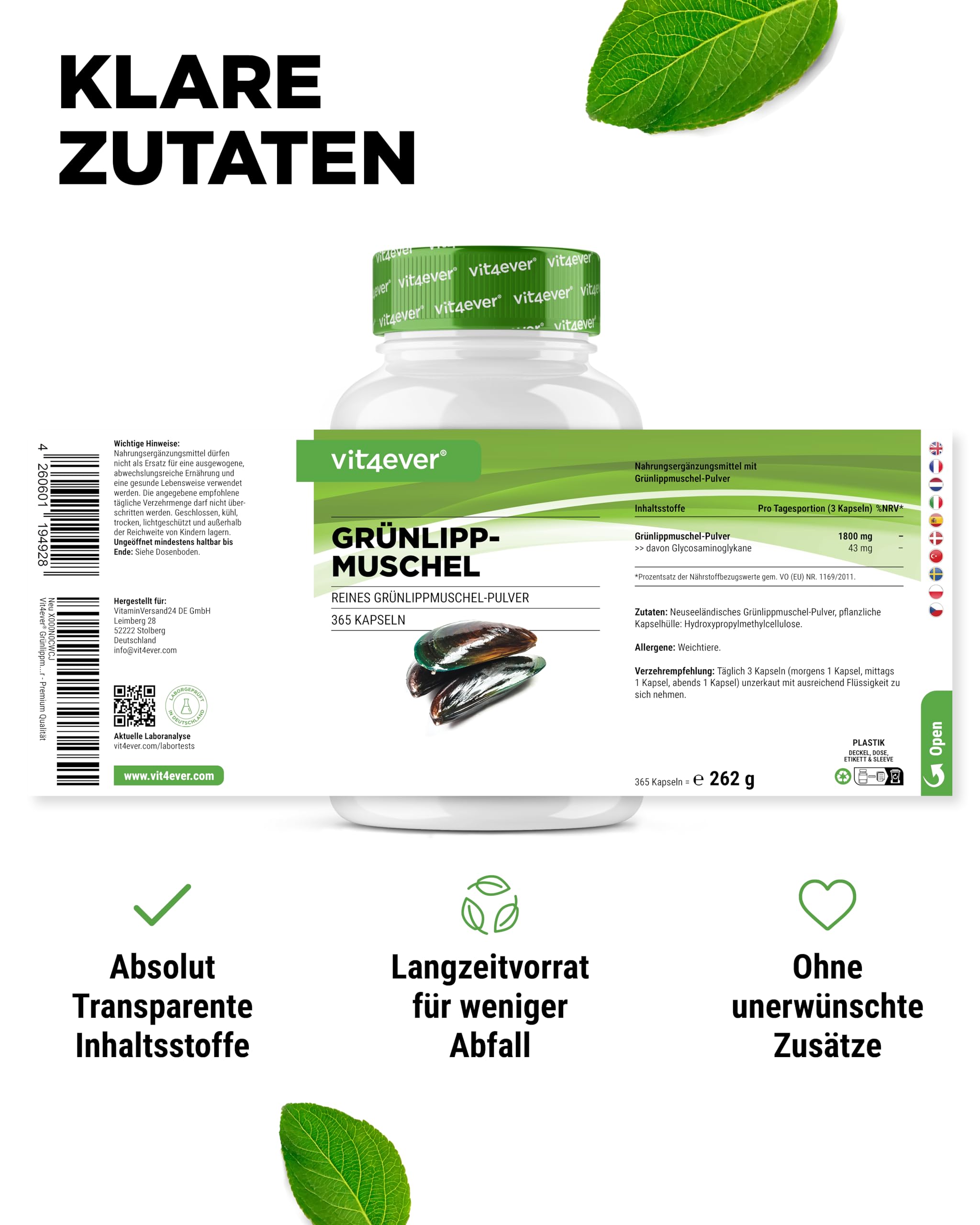 vit4ever Grünlippmuschel - 365 Kapseln - je 600 mg | Glycosaminoglykane, 100% Grünlippmuschelpulver aus Neuseeland, hochdosiert