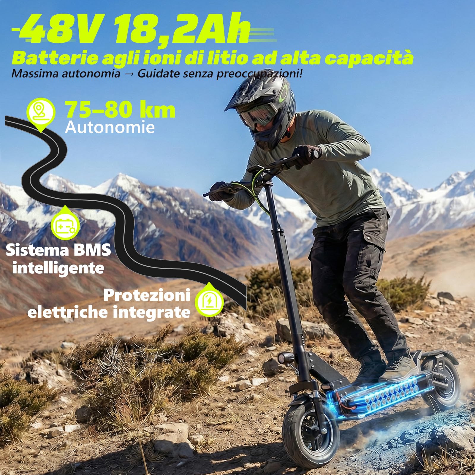 Monopattino Elettrico Adulto Fuoristrada 10" Autonomia 55-90KM APP Frecce | Motore 500W, batteria 13AH/18.2AH, carico 150 kg, doppio ammortizzatore, freni a disco anteriori posteriori