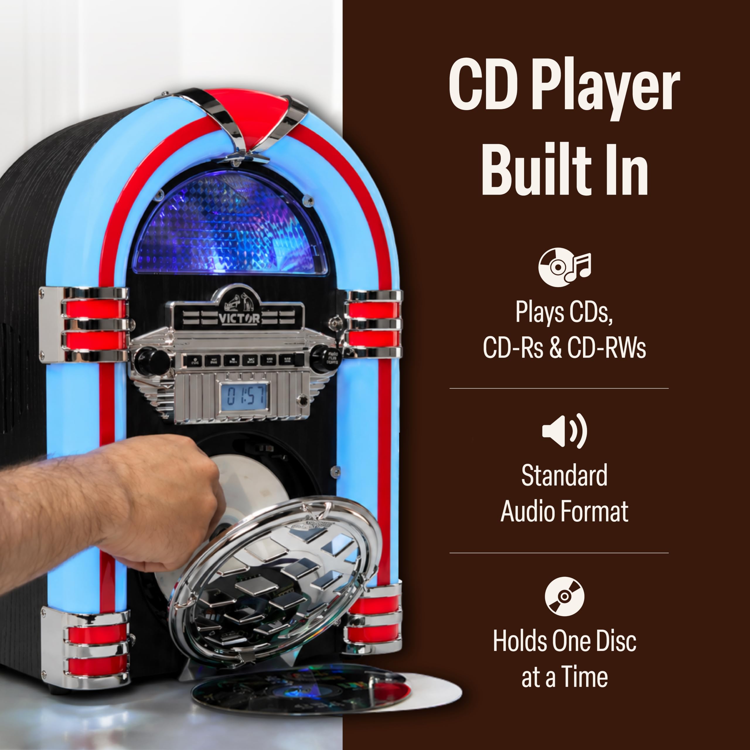 VICTOR Broadway Desktop CD Bluetooth® Jukebox mit mehrfarbiger LED-Beleuchtung, Schwarz (VDTJ-1550-BK)