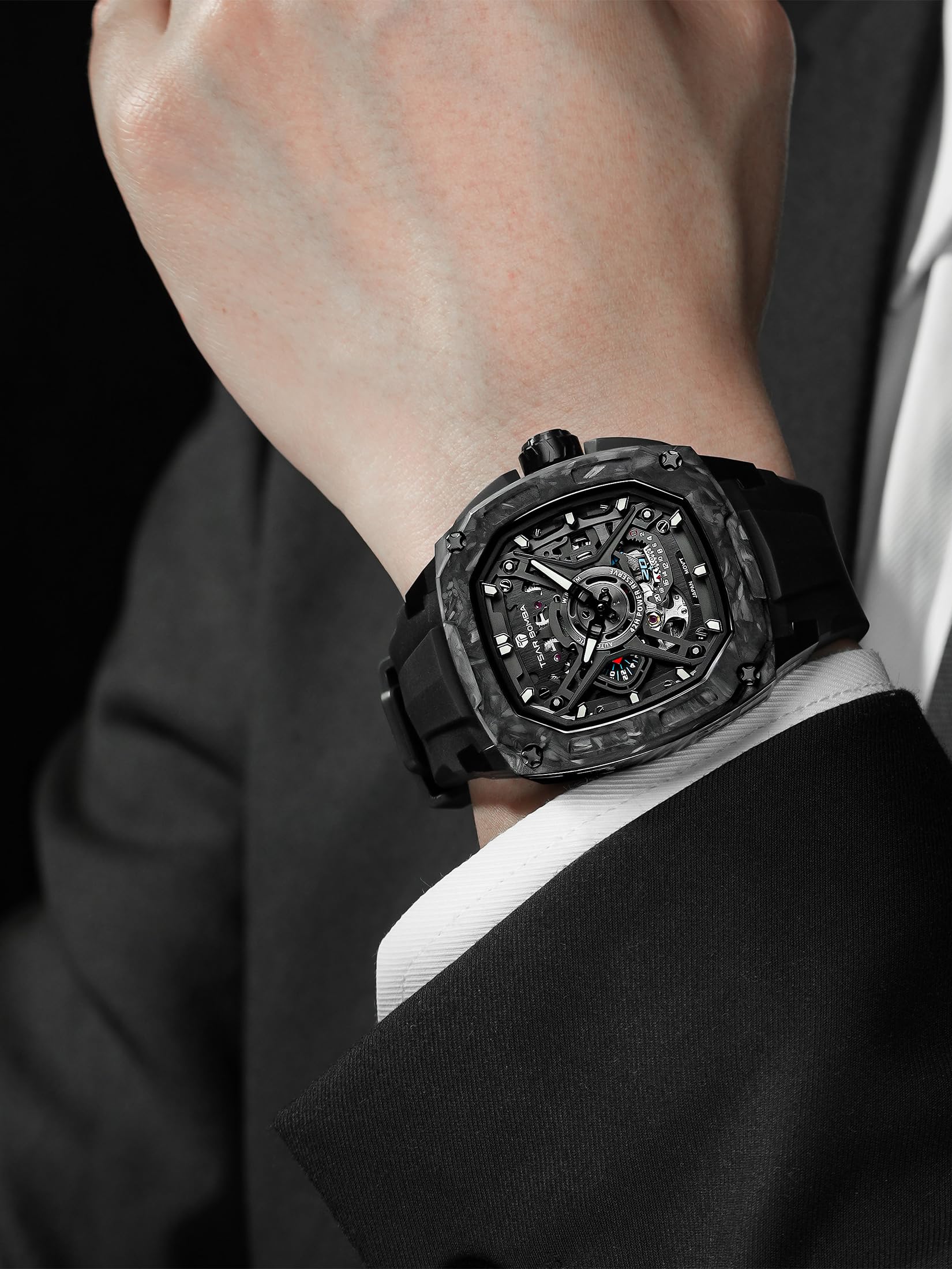TSAR BOMBA Automatik-Herrenuhr Uhren Herren Saphirglas Karbon-Gehäuse | Japanisches Uhrwerk,sportlich-elegant für Business & Freizeit,bequemes Kautschukband,luxuriöses Design Schwarz