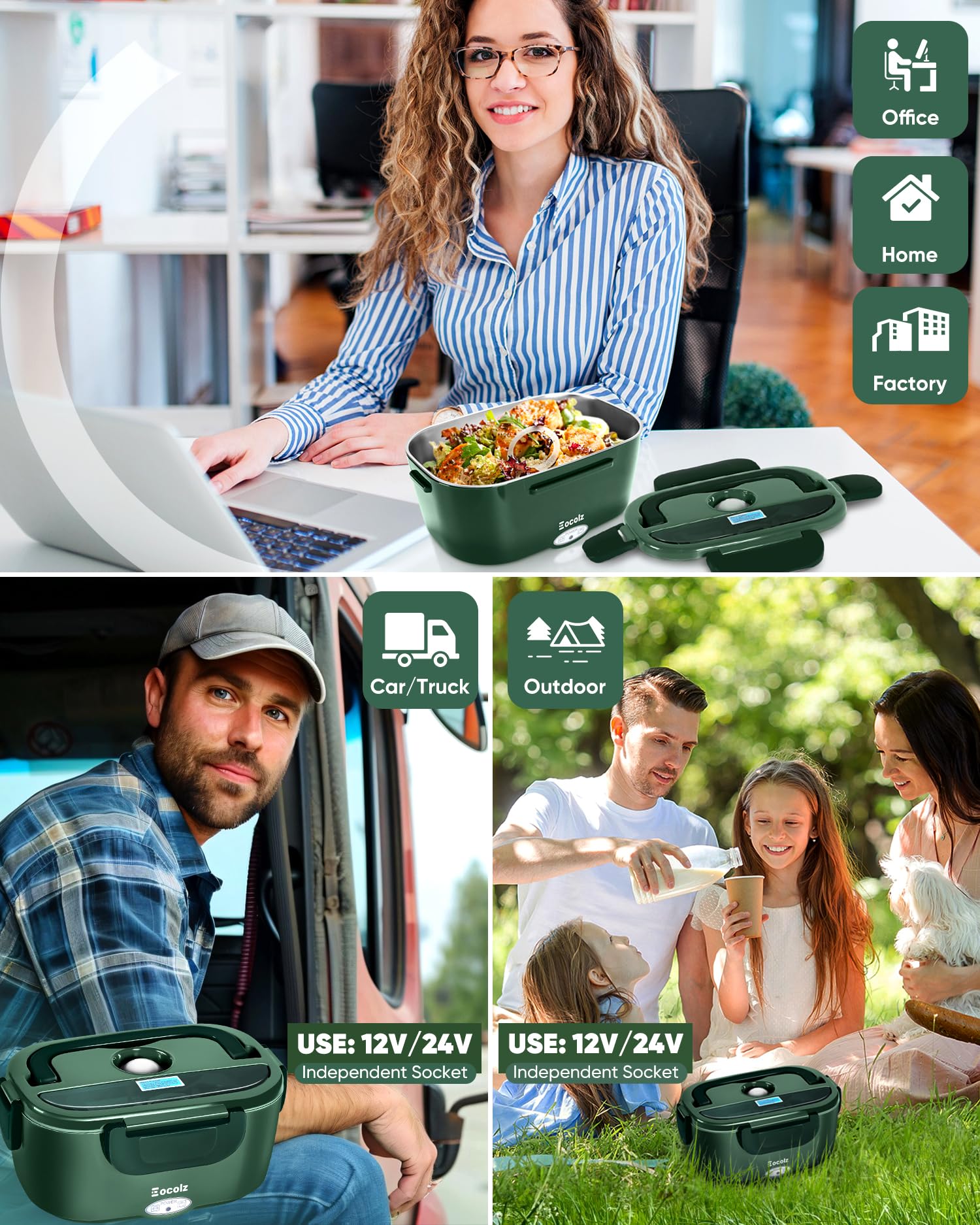 Eocolz Electric Lunch Box Food Heater 80W for Adults, Portable Food Warmer Heated Lunch Box for Car Truck Work with 1.5L Stainless Steel Container Fork & Spoon 12/24/110V Lonchera Eléctrica Portátil