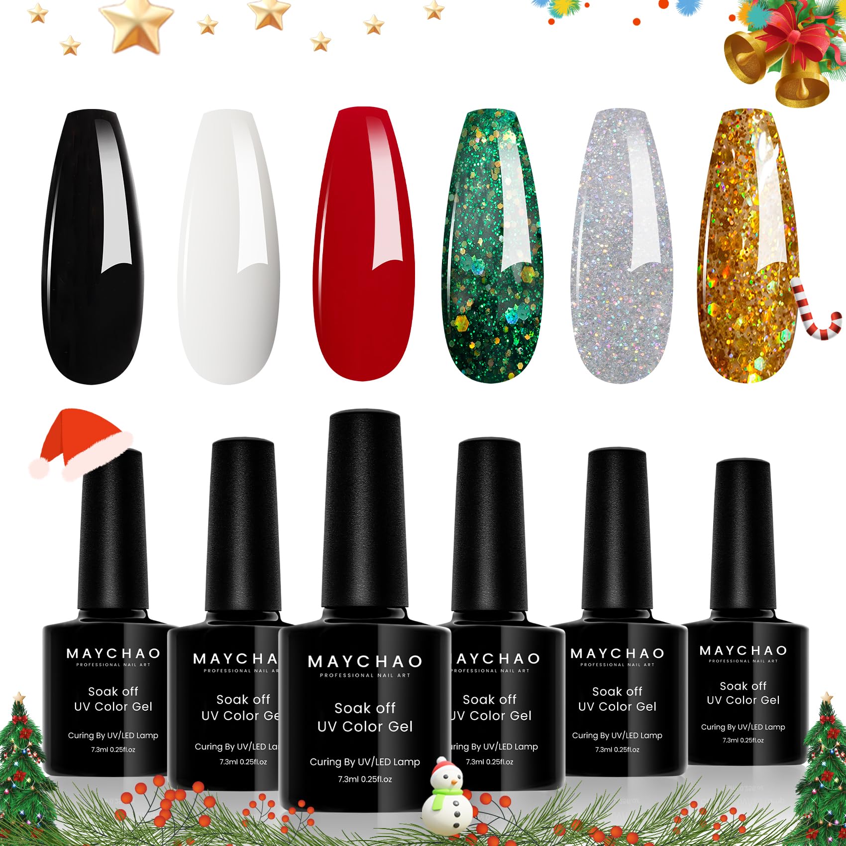 MAYCHAOChristmas Gel Nail Polish Set, Red Glitter Green Silvery Gold Black White Soak-Off UV/LED Gel Nail Polish Set for Winter 6PCS Nail Varnish Set Manicure DIY