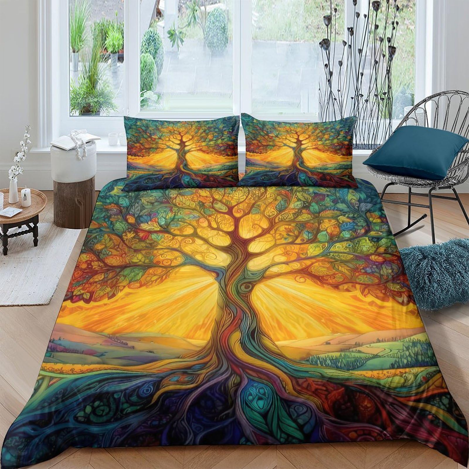 Ctjqhvkz Style-6 3D Printed Tree Of Life Fitted Sheet Microfiber Artistic Sunrise Bed Cover For Bedroom Guest Room Mattress Decor Single（135X200cm）