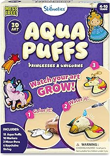 Skillmatics Kit de arte 3D – Princesas y unicornios Aqua Puffs, pintura sin desorden por números, manualidades para niños, color de bricolaje e inflado, viajes y regalo creativo para niñas y niños de