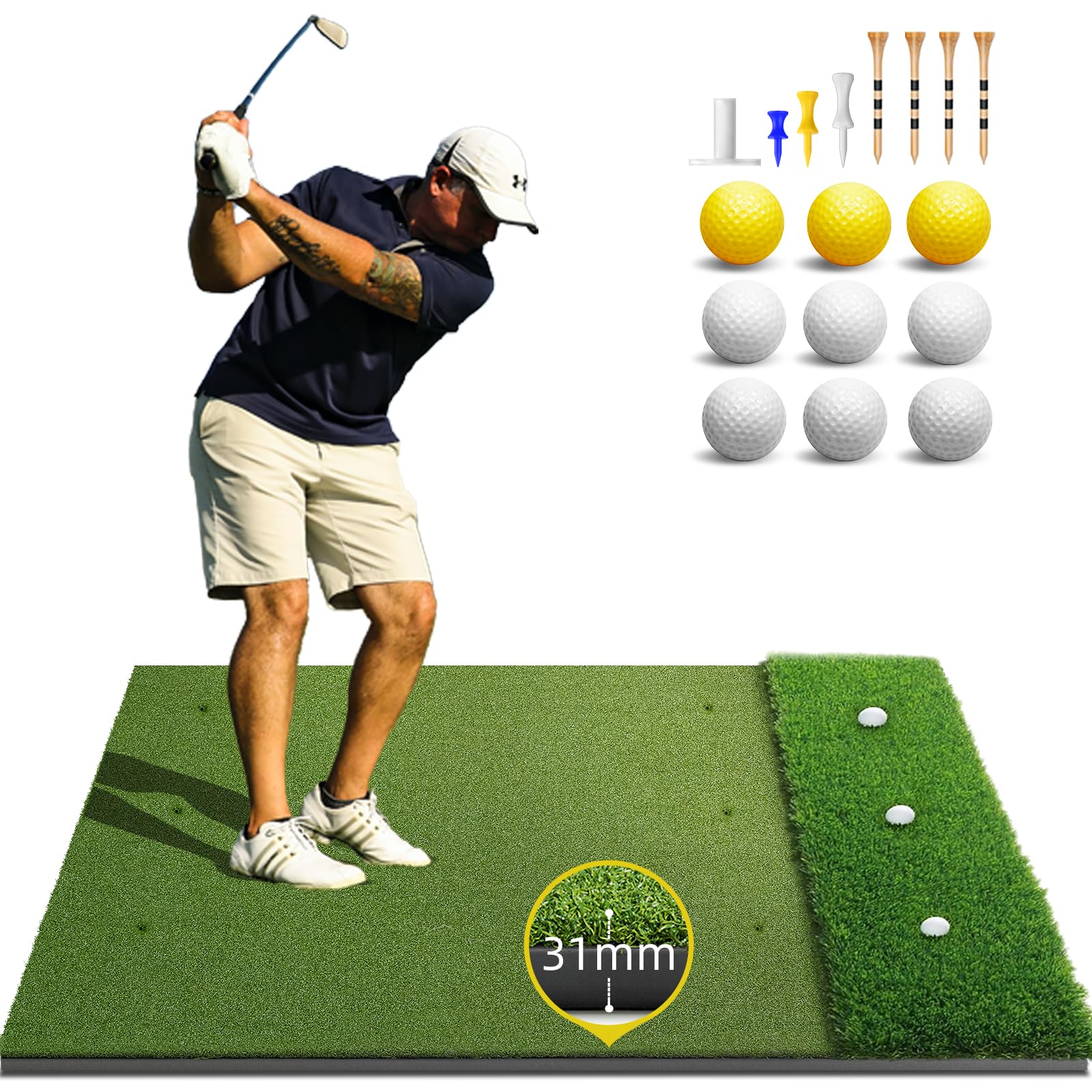 Bltend Golf Mat 36mm: 5x4ft/6x4ft Golf Hitting Mat Practice Outdoor Indoor | Elite Dense Artificial Turf, Heavy Duty Thickened EVA Backing, Balls & Tees, Driving Chipping Backyard Simulators Practice 5'x4'-31mm Dual Turf
