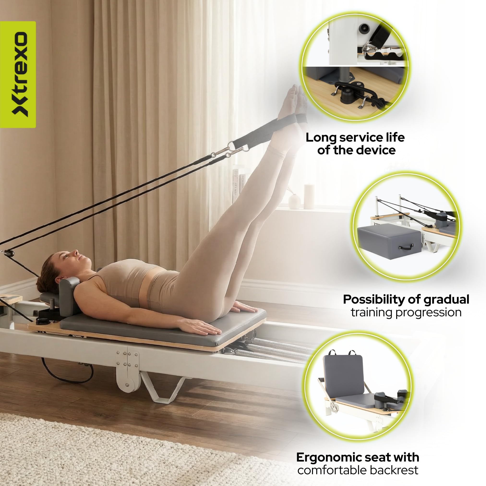 CTRL-Core W – profesjonalny reformer do pilatesu z prawdziwego drewna – składana konstrukcja i 5 sprężyn oporowych – obciążenie do 200 kg – trening całego ciała do domu i studia – w zestawie