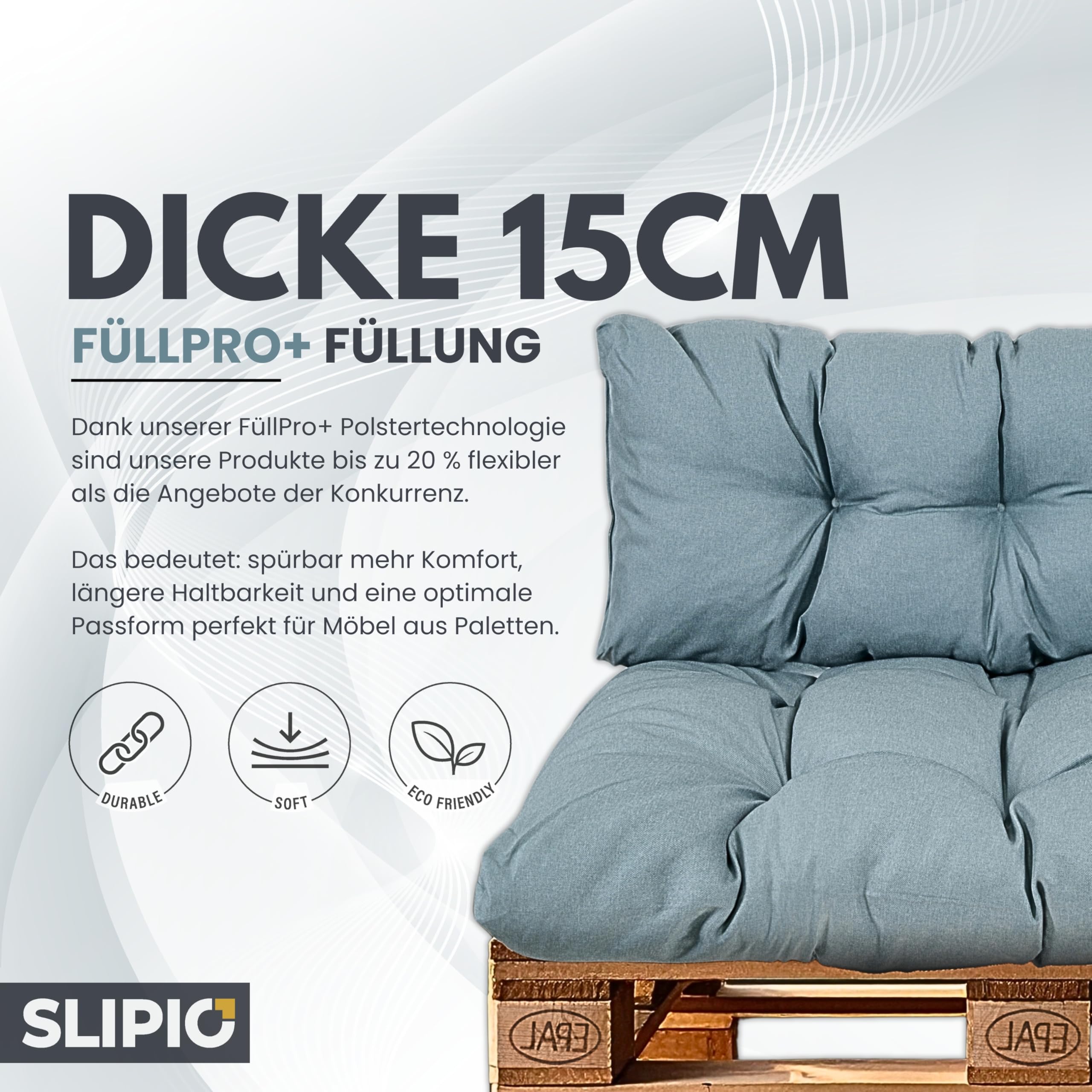 Coussins pour palettes, coussins pour palettes européennes, remplissage FÜLLPRO+, coussins de palettes résistants aux intempéries (lot de 2 pièces - 1 coussin de dossier 120x40 cm + 1 coussin