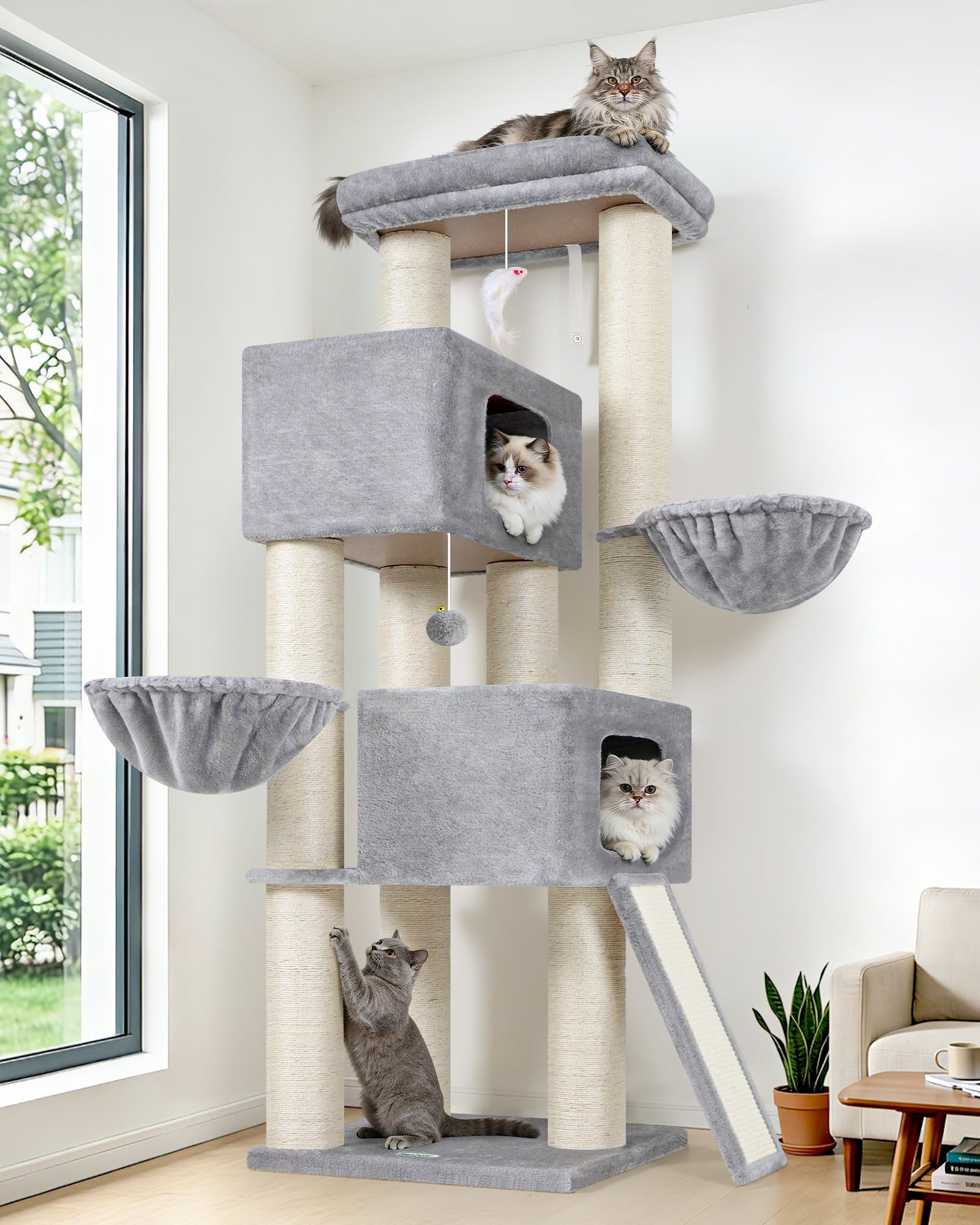 Globlazer Arbre a Chat Gros Poteaux 11 cm, Arbres à Chats XXL Maine Coon avec 2 Spacieuse Niches, Plateforme Rembourrée, Rampe en Sisal, Stable Arbre à Chat 170 cm pour Gros Chat (S67, Gris Clair)