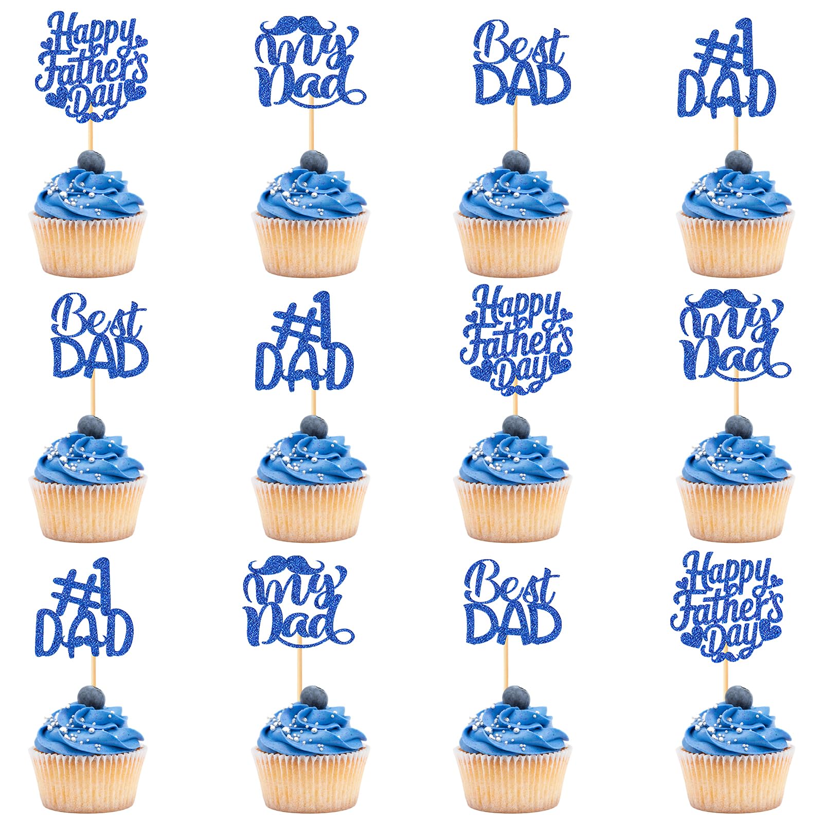 12 PCS Father's Day Cupcake Toppers, Blue Happy Father's Day Cupcake Toppers with Glitter Crown Hat Moustache, Fathers Days Decoration, Fathers Party Cake Decorations Supplies, for Fathers Days