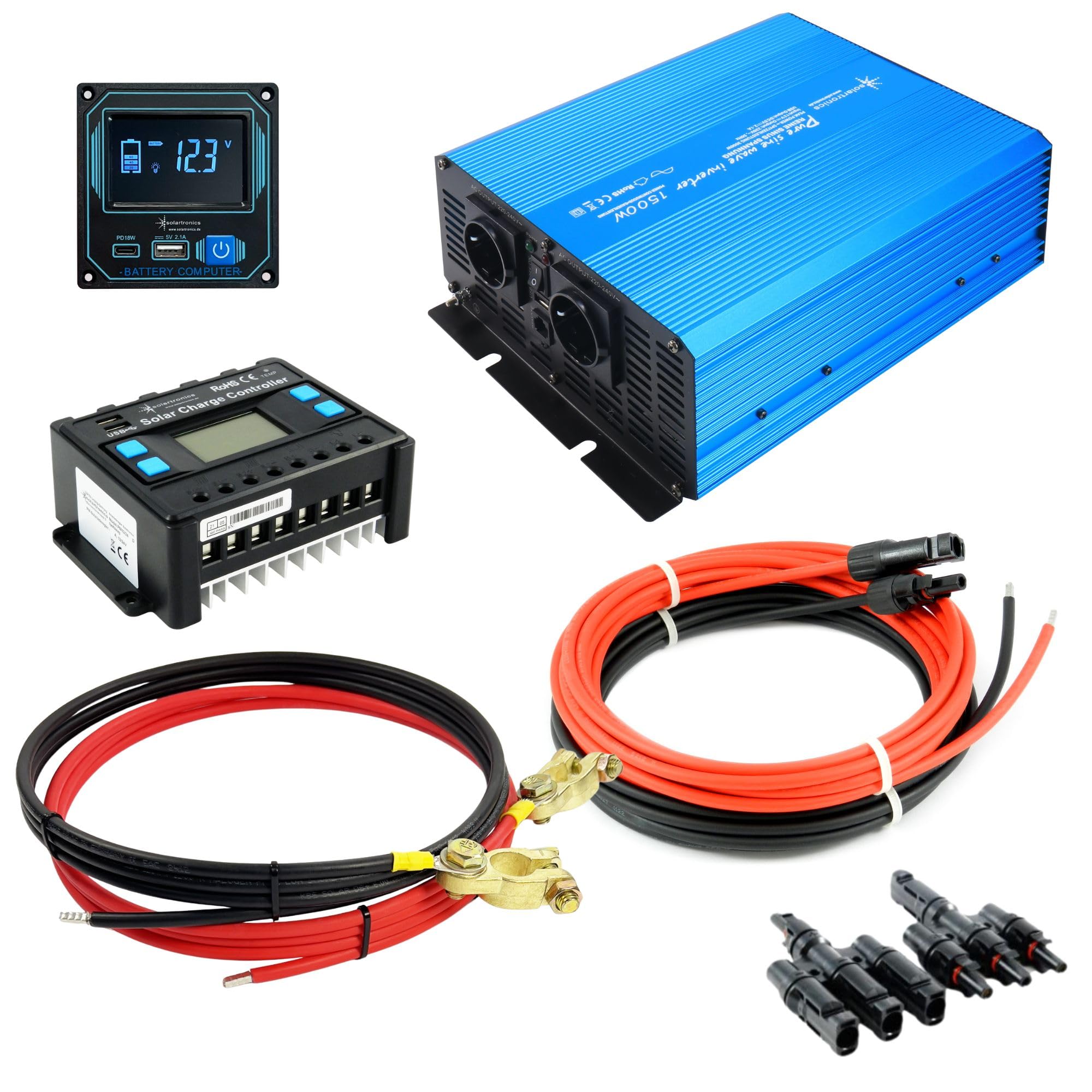 solartronics Zestaw solarny 1500 W, przetwornica napięcia sinusoidalnego, regulator ładowania LCD 30 A, USB-A i USB-C, pilot zdalnego sterowania wyświetlaczem, kabel przyłączeniowy