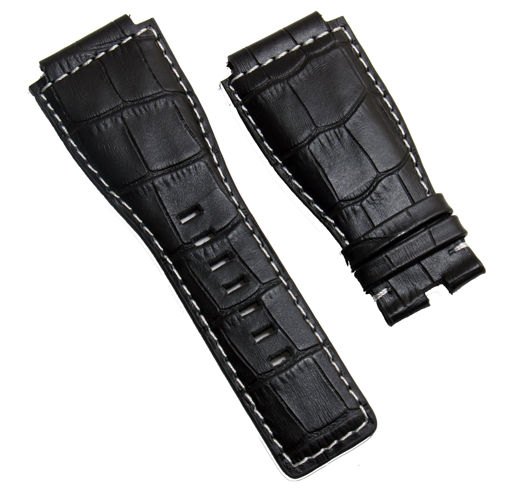 WatchstrapworldBRS-3424-01-0931PN - 24 mm Black Genuine Calf Leather Crocodile-Style Watch Strap with White Stitching Compatible with Bell & Ross BR01 & BR03 Watches
