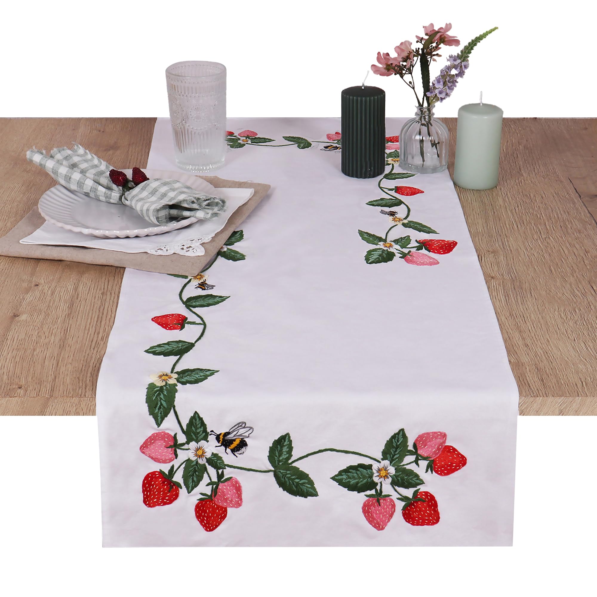 Trimits Strawberry Fields Embroidery Kit - Table Runner - Includes Printed Fabric, Threads, Needle & Instructions, 40 X 100Cm,
