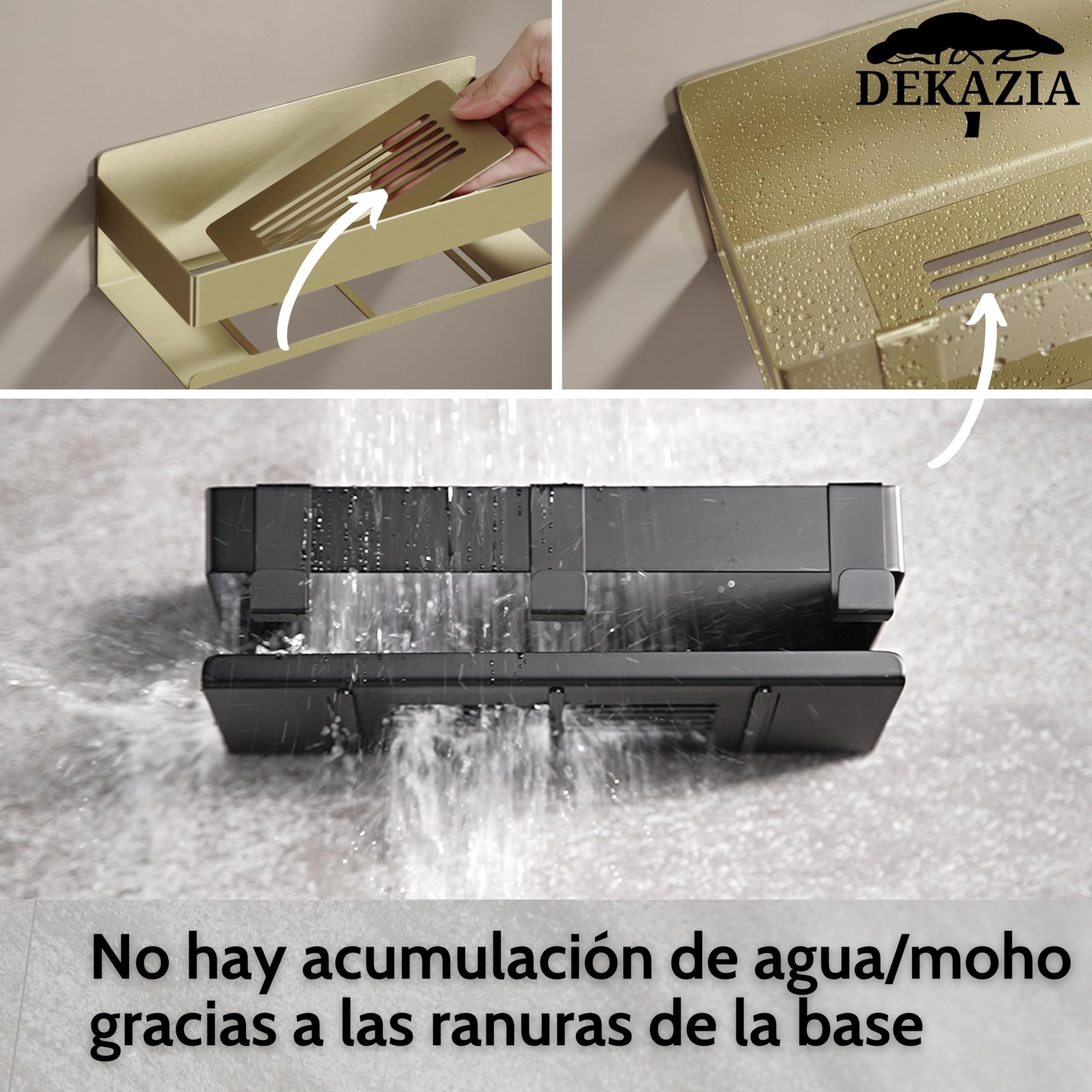 DEKAZIA® Estante de Ducha Dorado Sin Agujeros, Accesorio para Baño Sin Taladrar | portashampoo, estantes dorados, adhesivo, accesorios, acero inoxidable, estante