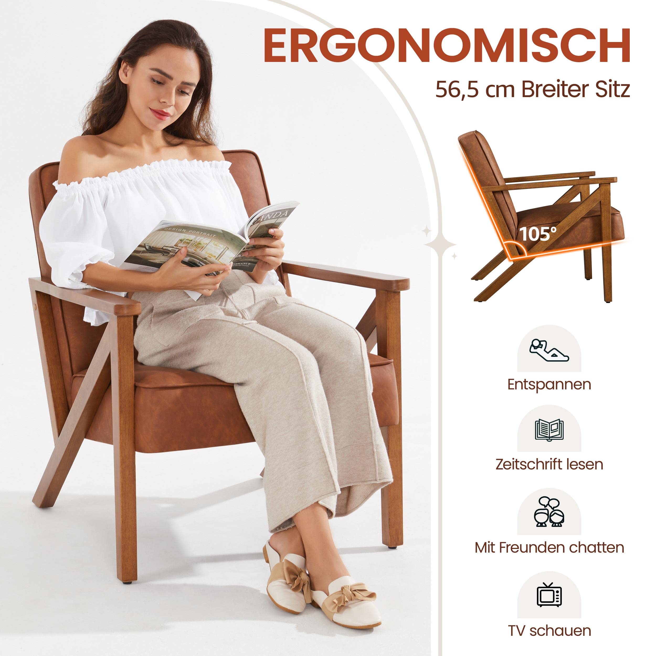 Yaheetech Loungesessel Sessel Vintage Relaxsessel Kunstleder mit Massivholzbeinen Einzelsofa für Wohnzimmer/Schlafzimmer/Empfangsbereich Hellbraun