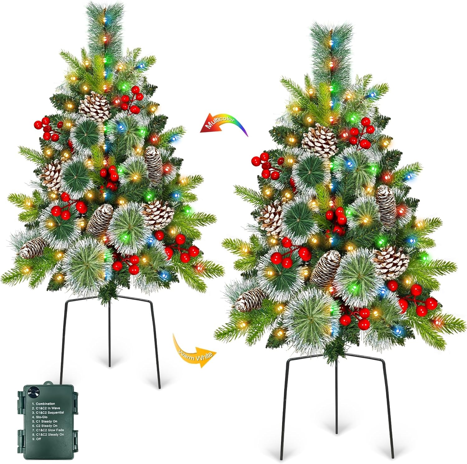 2 Pack Outdoor Christmas Tree Urn Fillers with 8 Modes Timer, 40 Warm & Colorful Change Lights, Pinecones Red Berries Decorations, Battery Operated for Holiday Planters Yard Porch Pathway Xmas Decor Christmas Urn Fillers With Lights (Large)