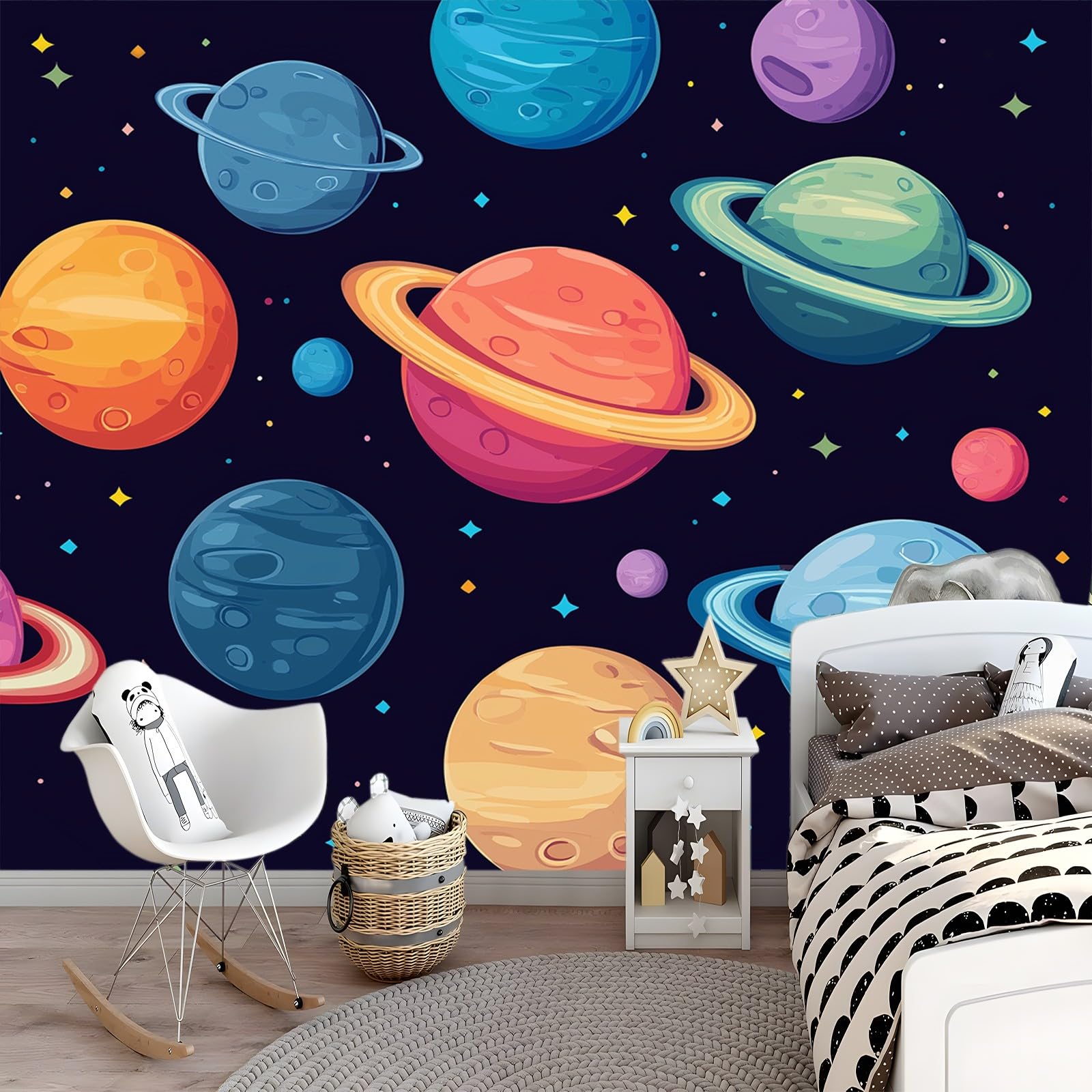 Papier Peint 3D Planète de bande dessinée Panoramique Peinture Murale Interieur 250x175 cm pour Salon Chambre à Coucher D'Enfant Maison Décoration Murale