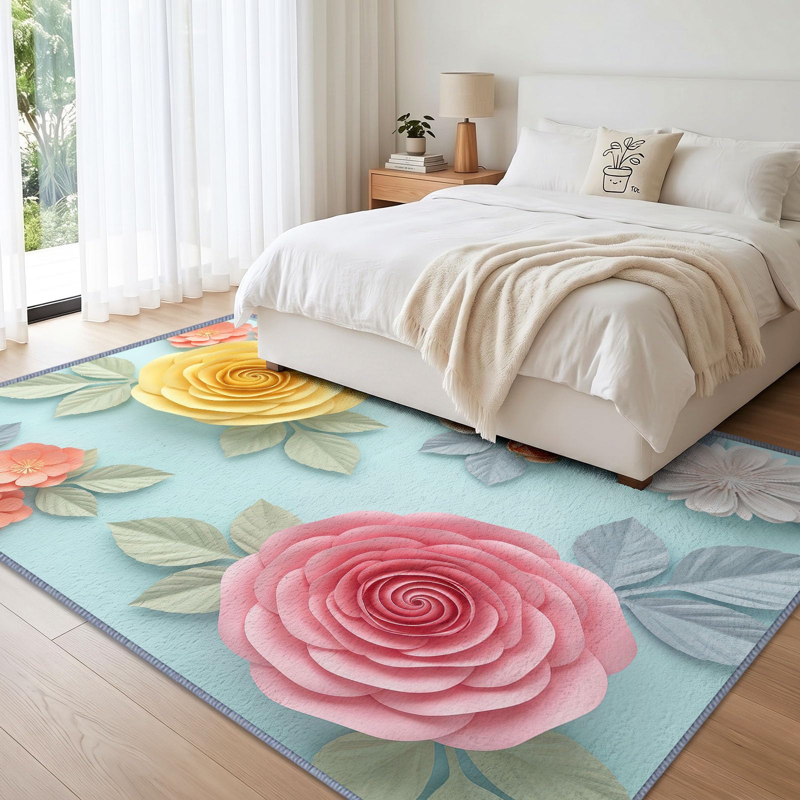 Générique Lavable en Machine Tapis Salon 80x154 cm, Floral Roses Antidérapant à Poil Ras Tapis, Moderne Art Romantique Écologique pour Salle à Manger Couloir Chambre Bureau