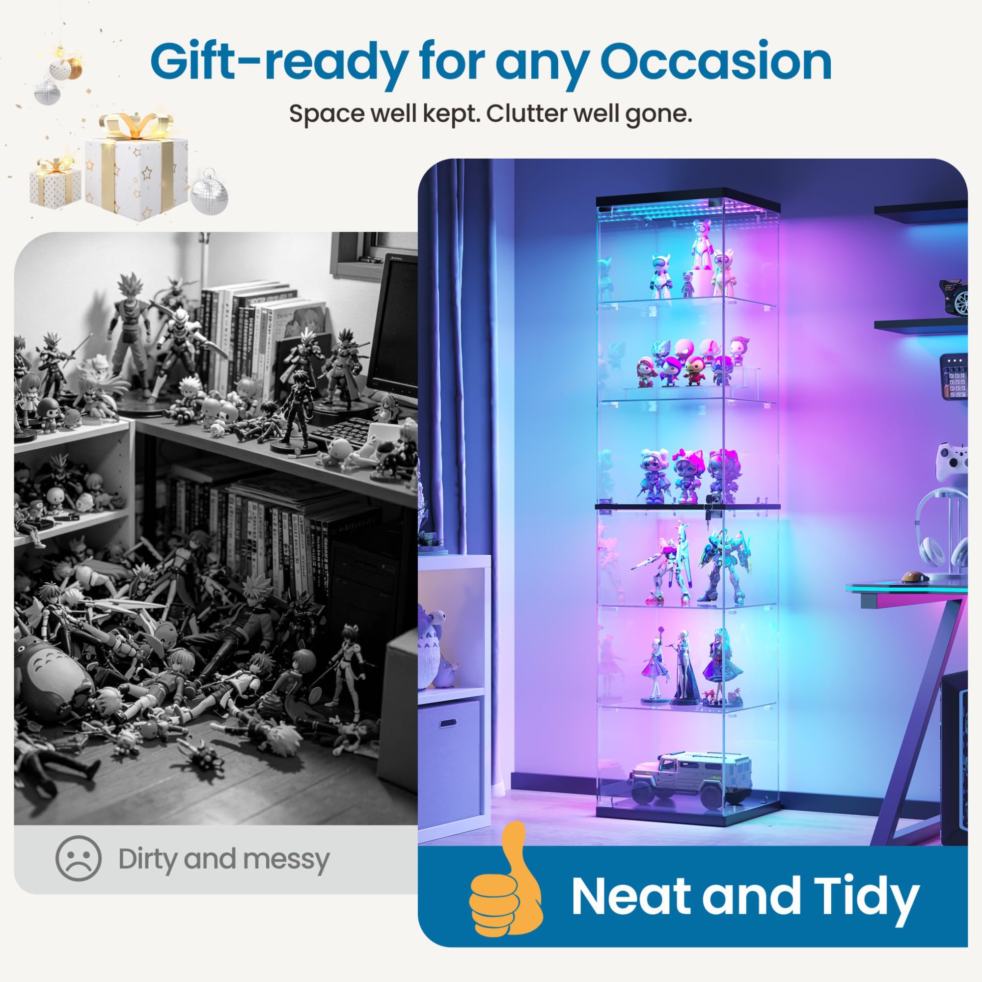 FREDEES Vitrina de cristal LED con iluminación RGB, 6 niveles, 180 cm de