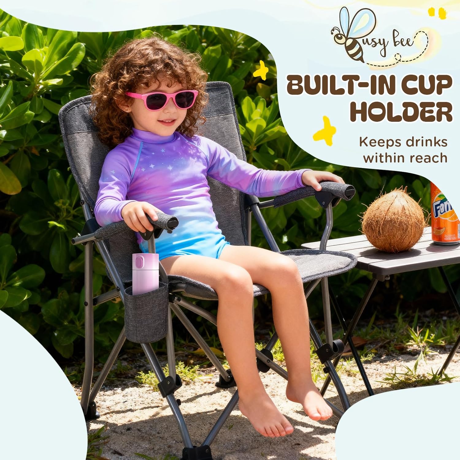 Busy Bee Oversized Kids Camping Chair with Cup Holder, High Back Toddler Chair Kids Folding Chair, Perfect for Beach & Outdoor, Supports 150 Lbs.