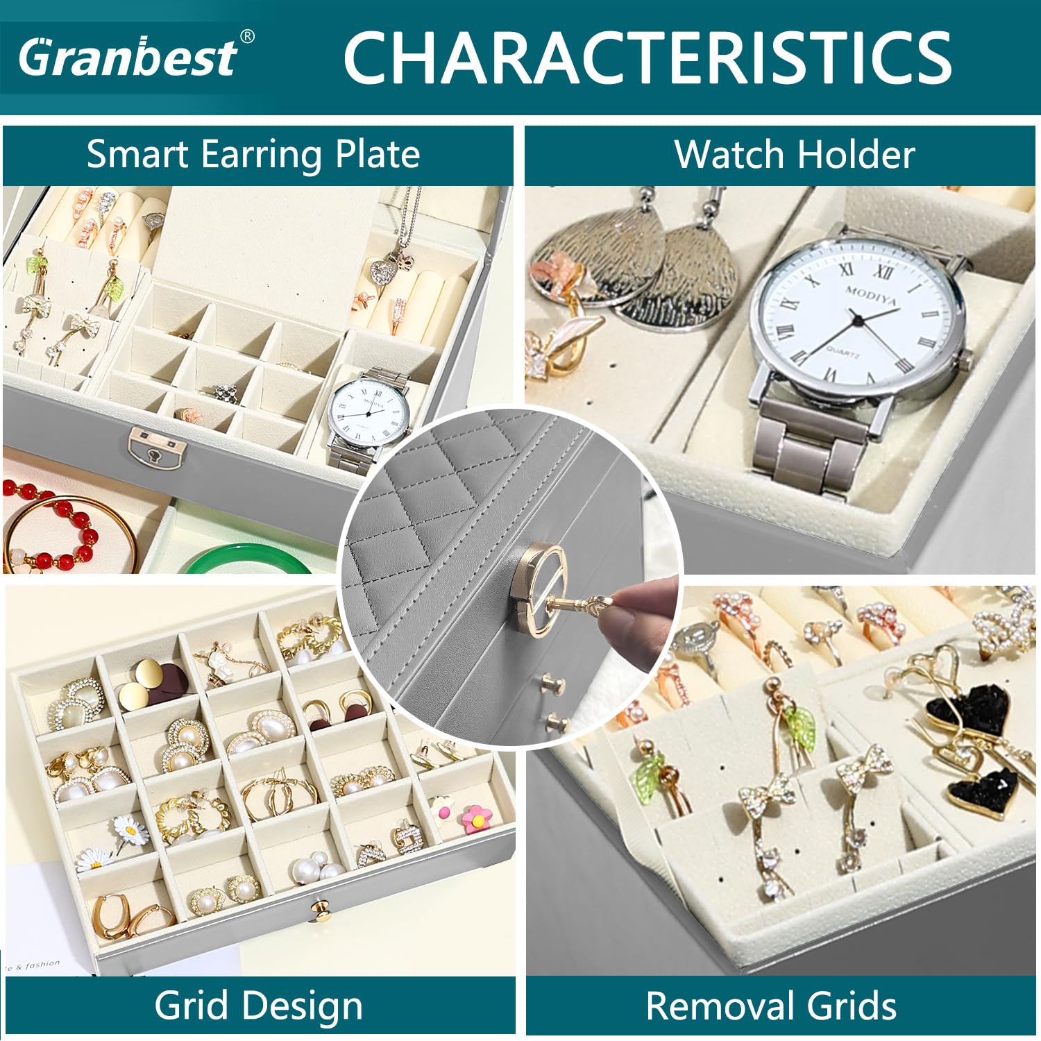 Portagioie Granbest A 3 Strati Grigio | Organizer Con Velluto, Scomparti Per Anelli E Collane, Regalo