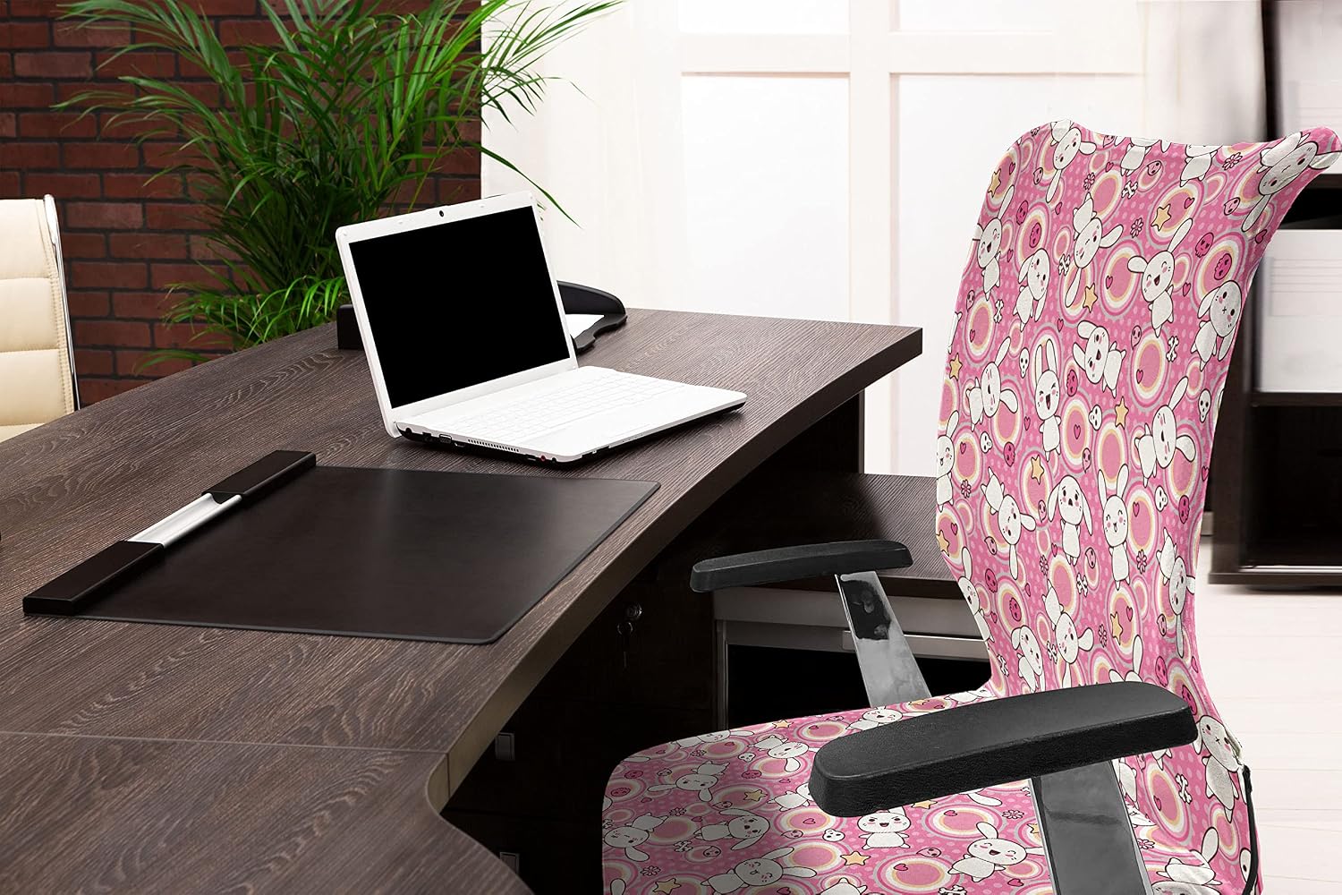 Ambesonne Anime Office Chair Cover, Funny Kawaii Illustration Rabbits Funky Animals Bunnies Humor Print, Stretchable Decorative Universal Size High Back Printed Slipcover, White Pink