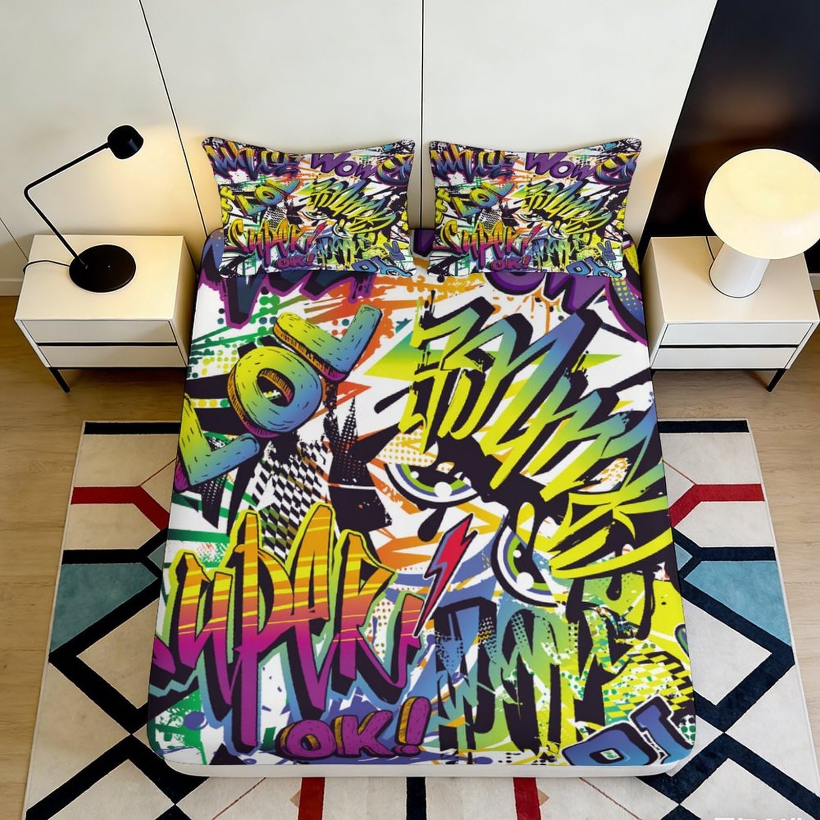 3D Printed Graffiti Street Art Fitted Sheet Microfiber Anti-slip Mattress Cover for Bedroom Dorm Decor Machine Washable 120x200x25cm