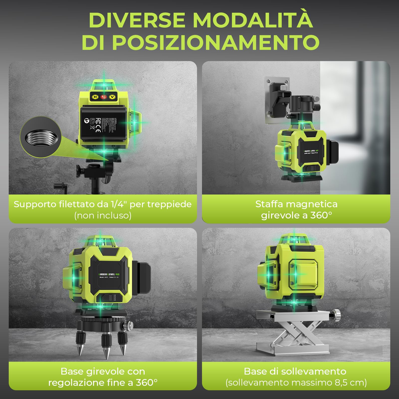 Livella Laser Autolivellante 360° – 16 Linee Verdi, 4×360°, Alta Visibilità, 2 Batterie, Telecomando e Kit Accessori, Ideale per Cartongesso e Pavimenti