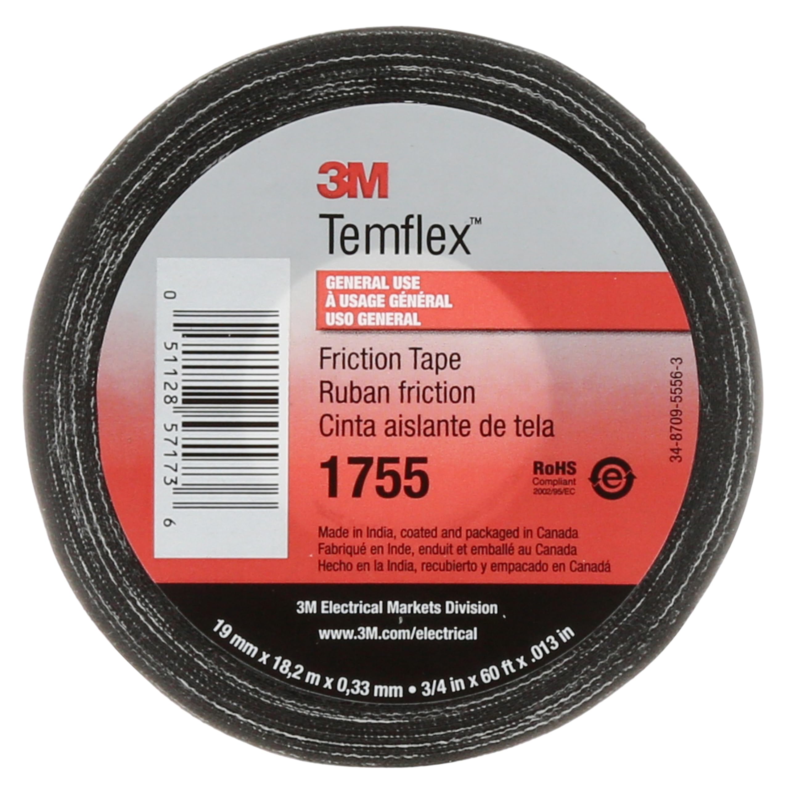 3M TEMFLEX 1755 - CINTA DE FRICCIÓN DE ALGODÓN 1755, 3/4 pulgadas x 60 pies, color negro, 20 rollos/estuche