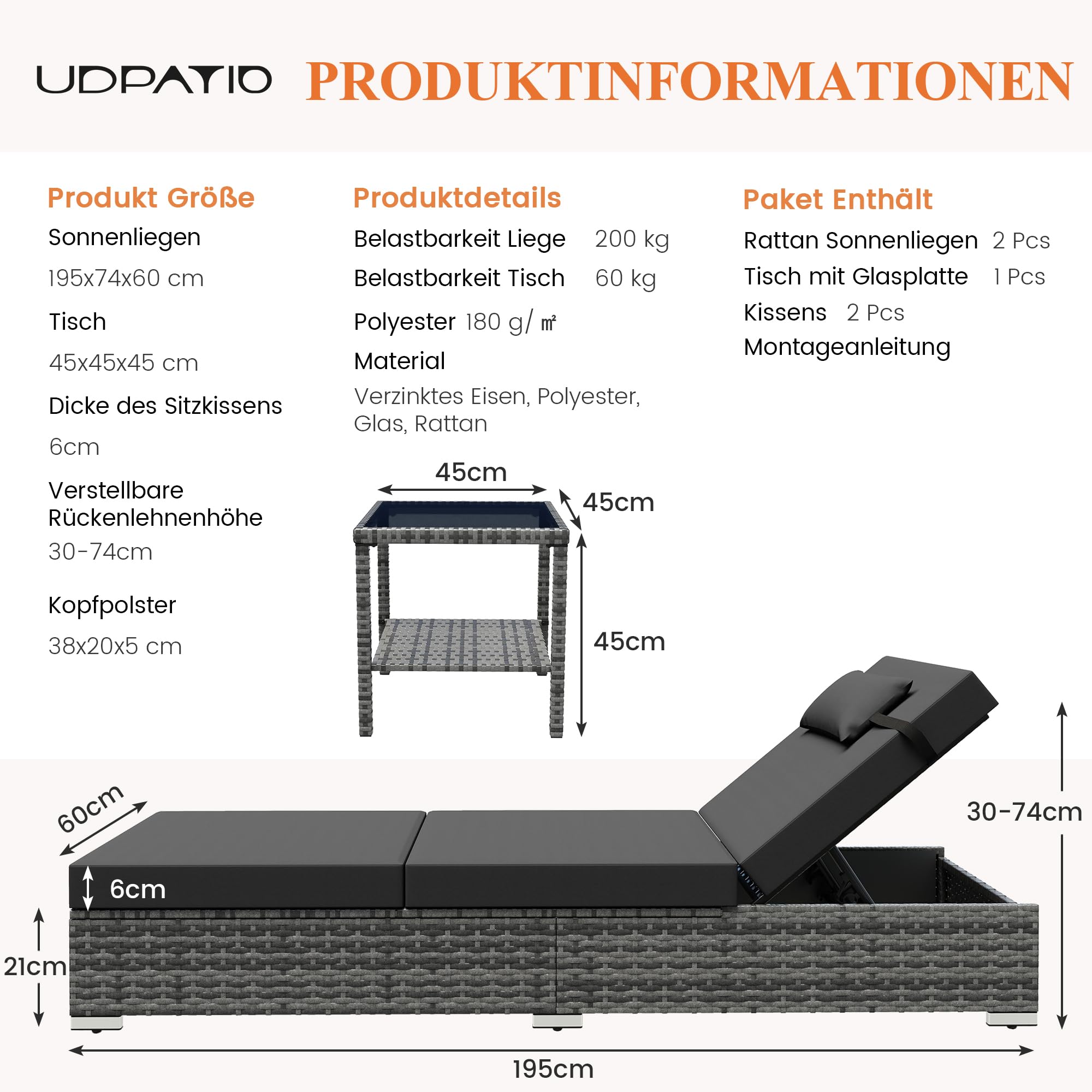 UDPATIO Sonnenliege 2 Personen Set, 3er Gartenmöbel Lounge Set Outdoor inkl. 2 Polyrattan Gartenliegen Wetterfest & 1 Tisch, Sonnenliegen Set für Garten, Terrasse, Balkon (Grau-meliert & Grau Bezüge)