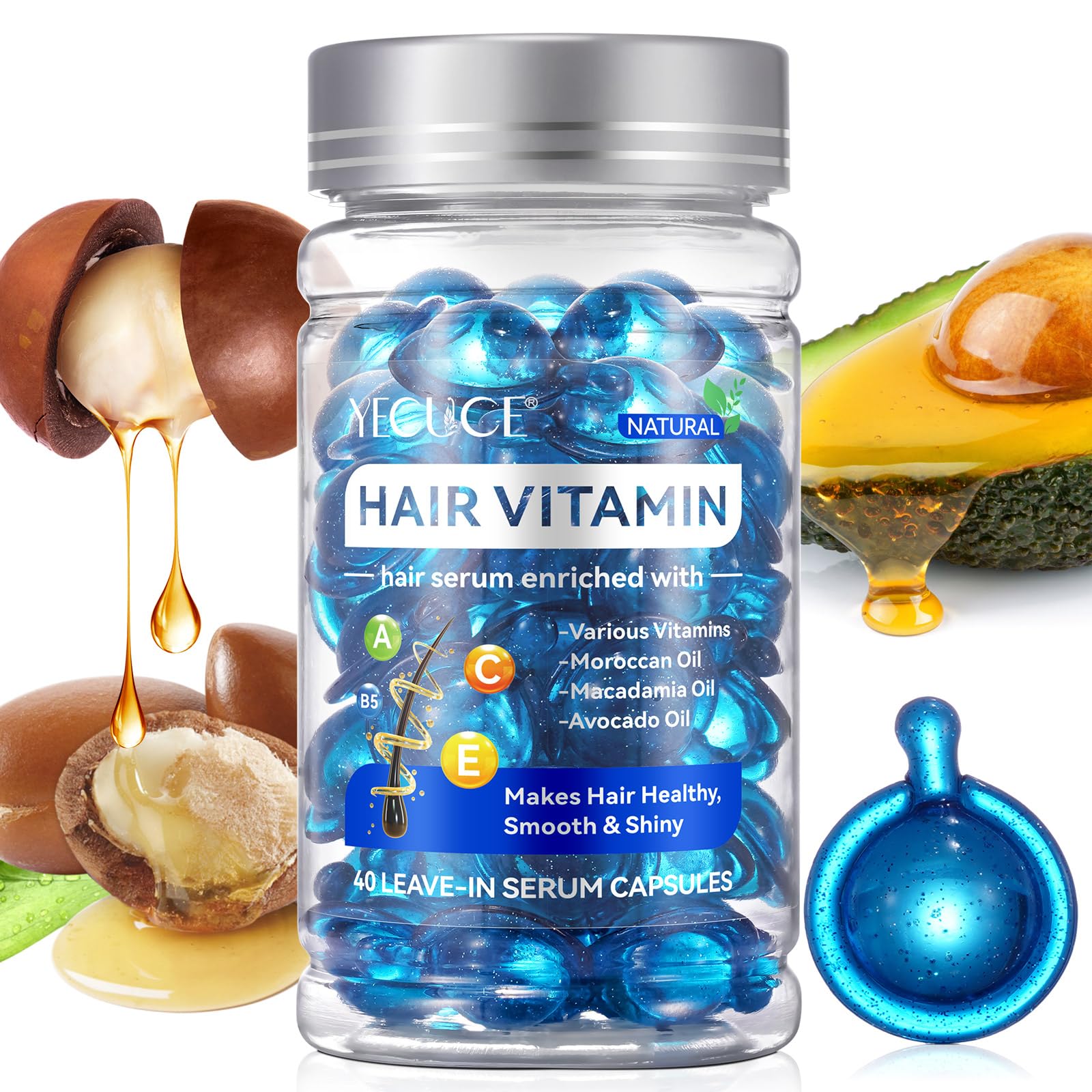 Hair Treatment Serum Hair Vitamin Capsules 60Pcs, with Vitamin A C E Pro B5, No Rinse with Argan Macadamia/Avocado Oil for Hair Repair, Smooth & Anti Frizzy (blue, 40)