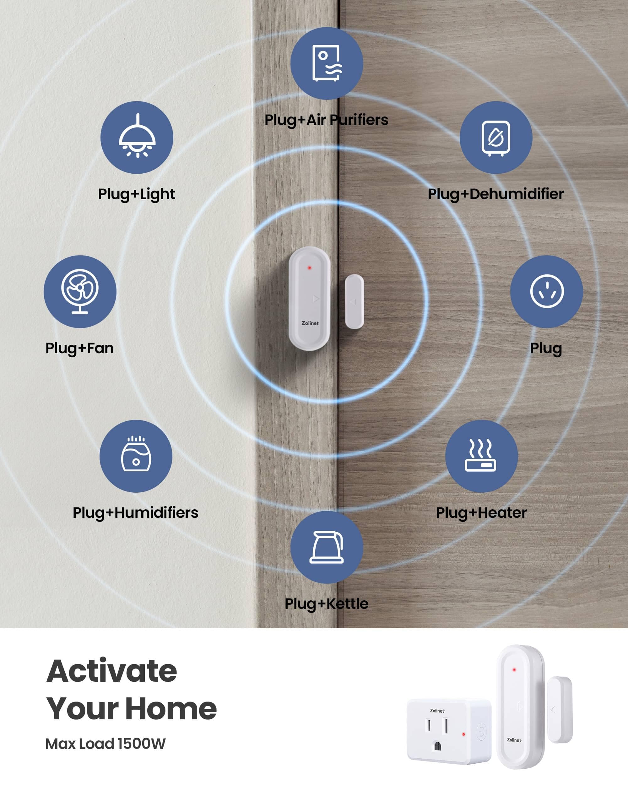 Zoiinet Kabelloses Türsensor-Steckdosensor-Set, Mini-Kontakt-Fenstersensor, unbegrenzte Gruppensteuergeräte, keine Verkabelung, kein WLAN, 15 Fuß, 15 A/1500 W, programmierbar, für