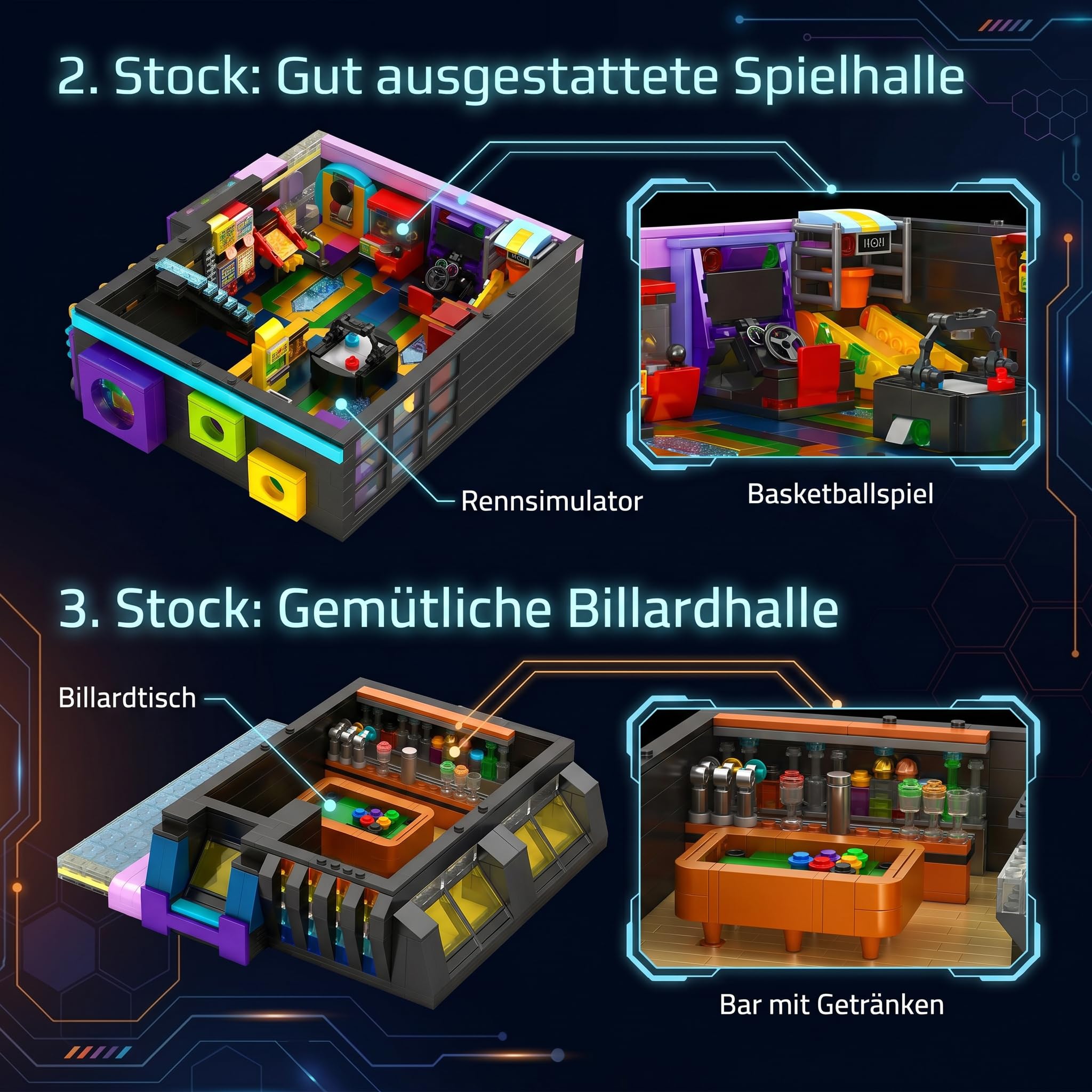Klemmbausteine Cyberpunk Spielhalle, 2600 Teile | Retro Arcade Modular Building, Zukünftige Stadt Haus Bausatz für Erwachsene, Kompatibel mit Barweer BWR004