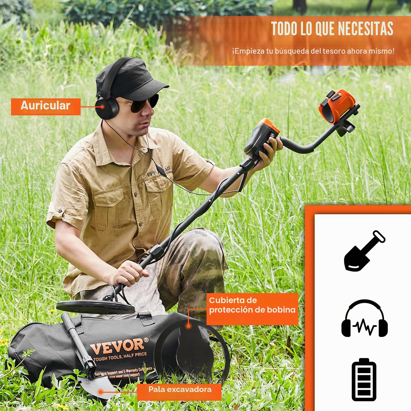 VEVOR Detector de Metales para Adultos y Niños 25,4cm Detector de Metales Profesional Ajustable Resistente al Agua Bobina IP68 Pantalla LCD 7 Modos Chip DSP Avanzado Ligero para Búsqueda de Moneda Oro