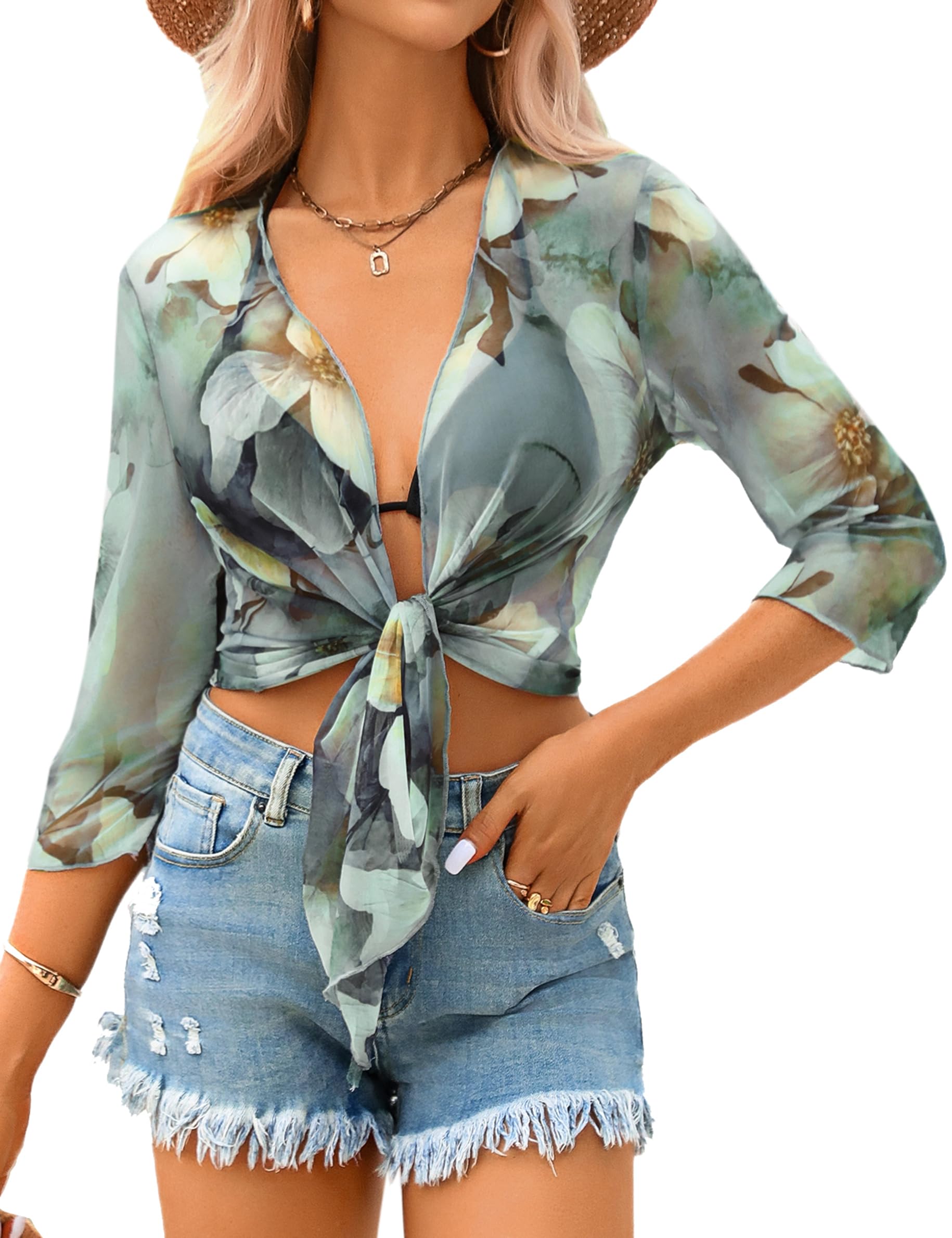 Aiboria Womens 3/4 Sleeve Shrug Sheer Mesh Bolero Tie Front Cropped Cardigan S-XXL