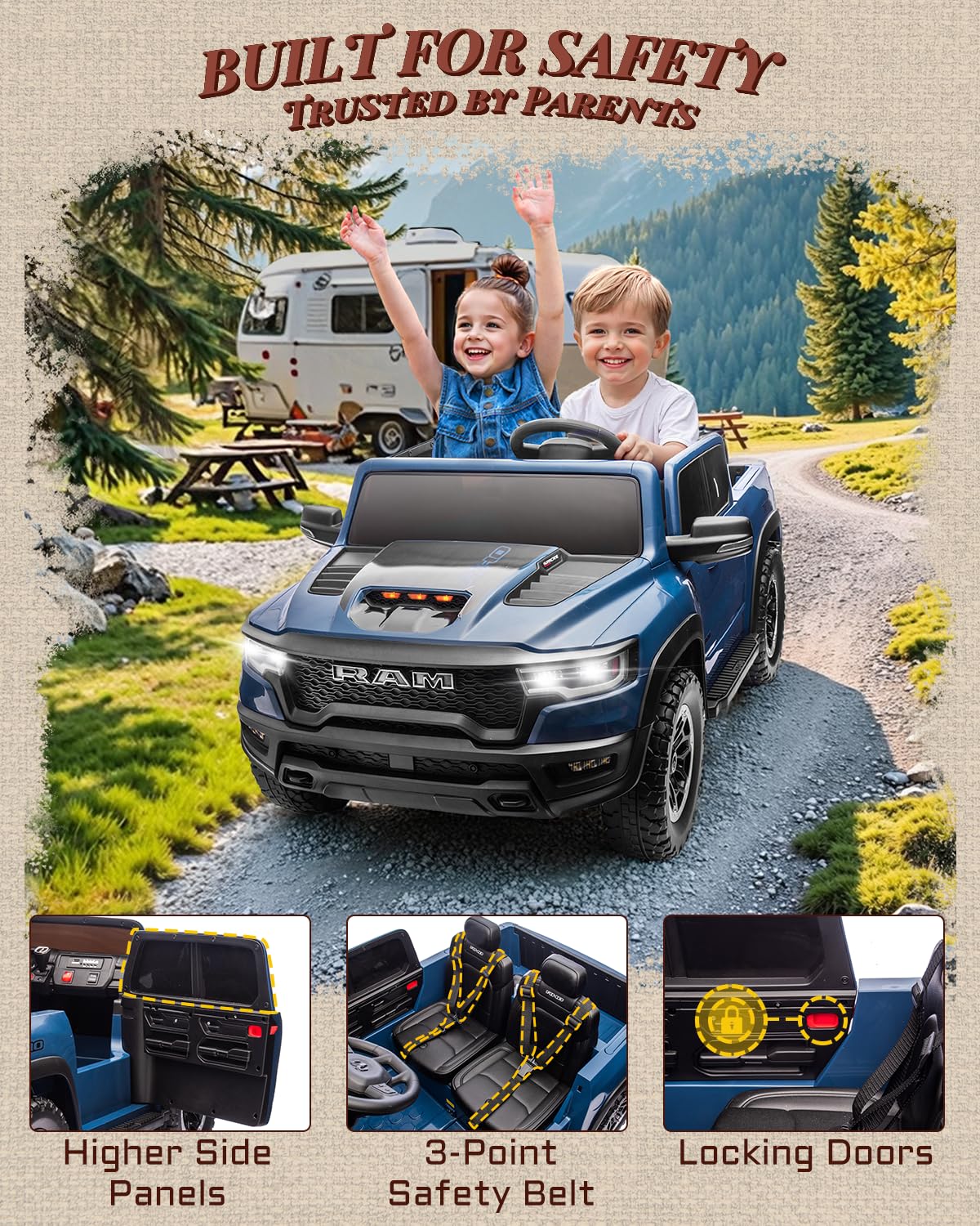 First Ride On 24V Ride On Toys for Big Kids, RAM 1500 2 Seater Ride on Car w/Remote, Battery Powered Truck w/ 4 Wheels Suspension, Toddler Car w/Bluetooth, LED Lights, Trunk & High Doors (DarkBlue)