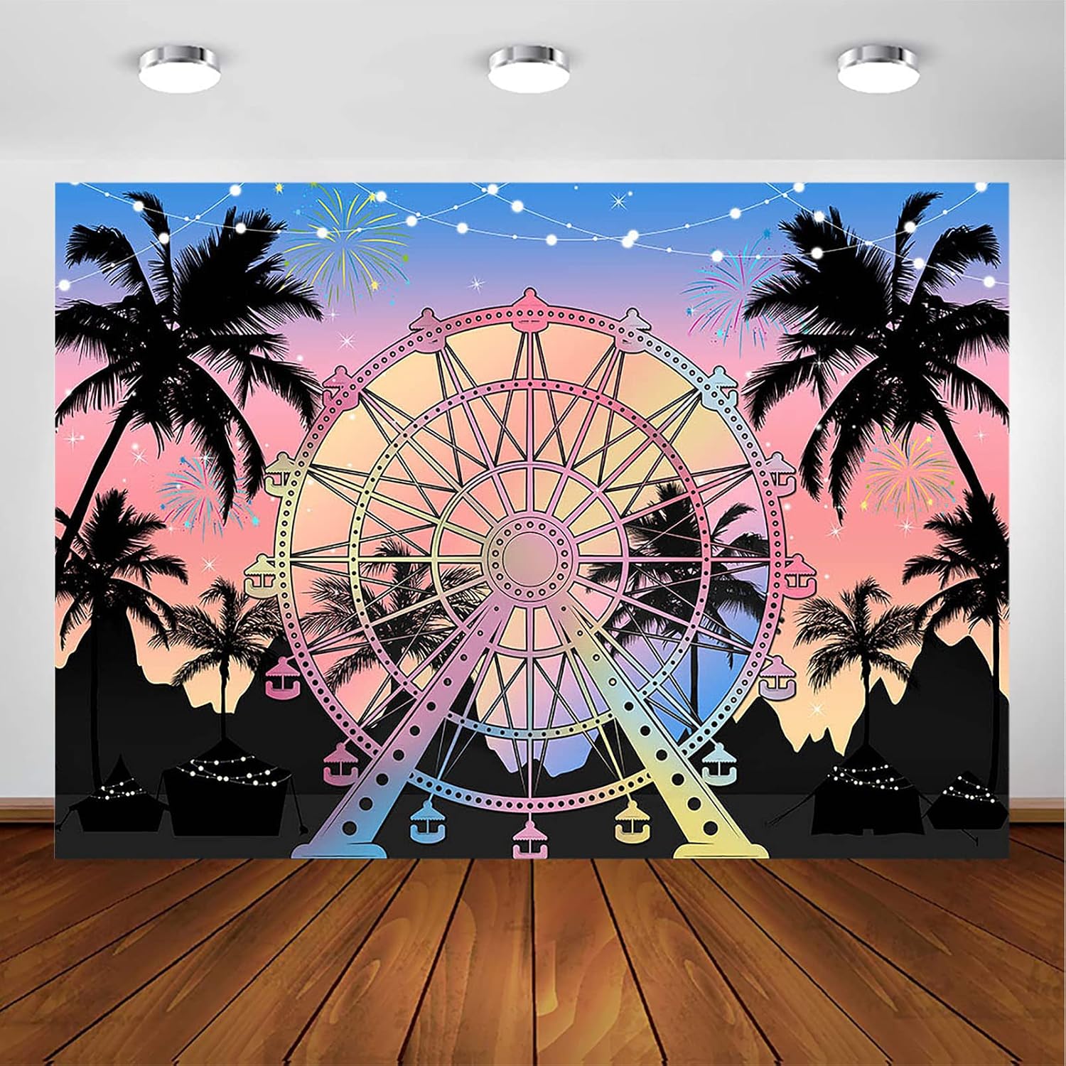 Avezano Sunset Ferris Wheel Backdrop Summer Tropical Palm Tree Photography Background Baby Shower Tropical Wedding Party Decoration Banner Supplies Photobooth Prop (7x5ft)