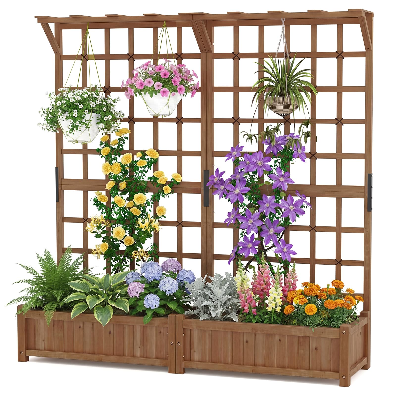 HOMASIS 3 en 1 Lit de Jardin Surélevé en Bois avec Treillis, Jardinière d’Extérieur avec Trous de Drainage et Bac à Plantes, pour Plantes Grimpantes, Légumes, Fleurs, 180 x 48 x 183 cm (Marron)