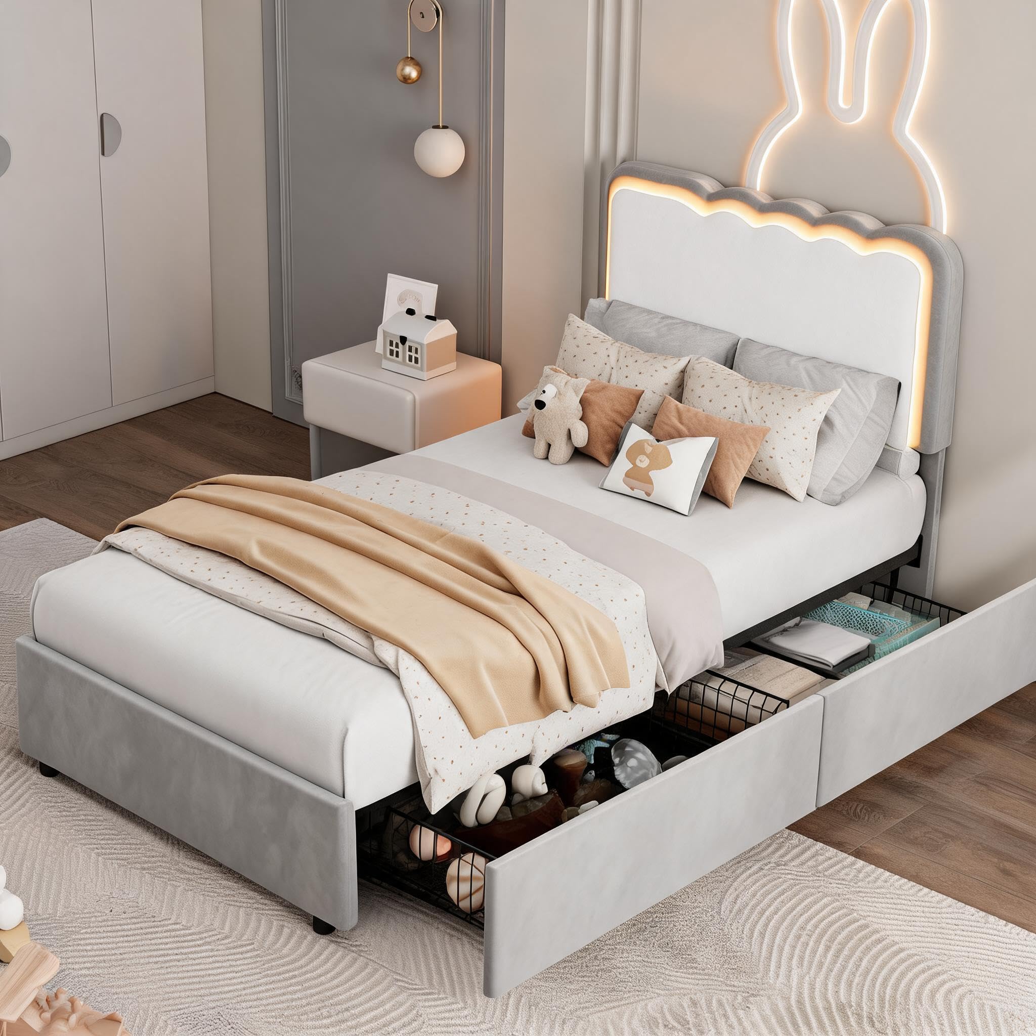 Garvee Irregular Wave LED 2-Drawer Soft Upholstered Bed, Soft Padding