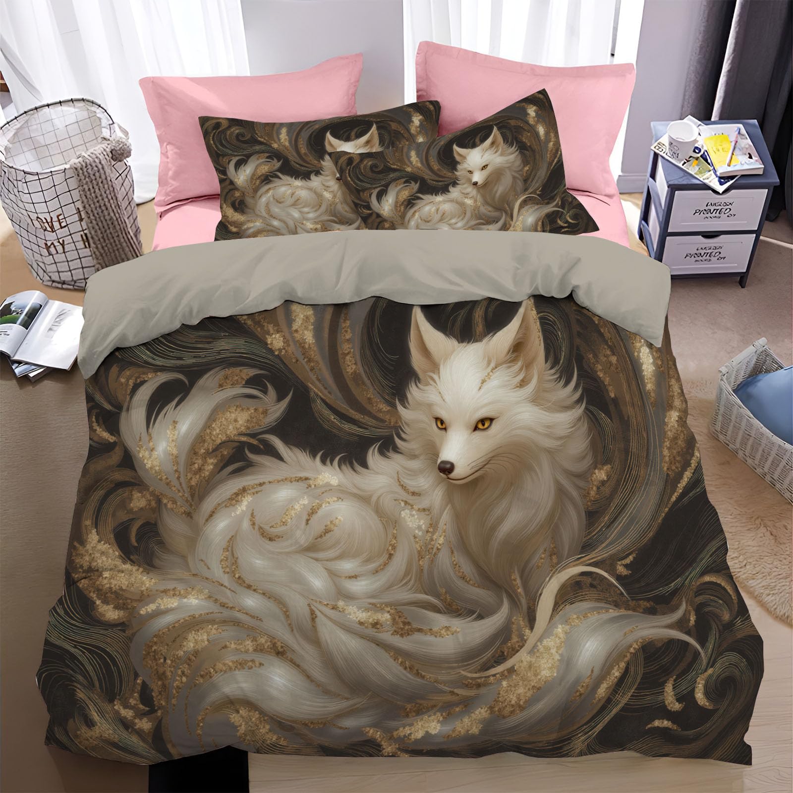 Housse de couette 240x260 renard or blanc parure de lit 2 personnes avec zip