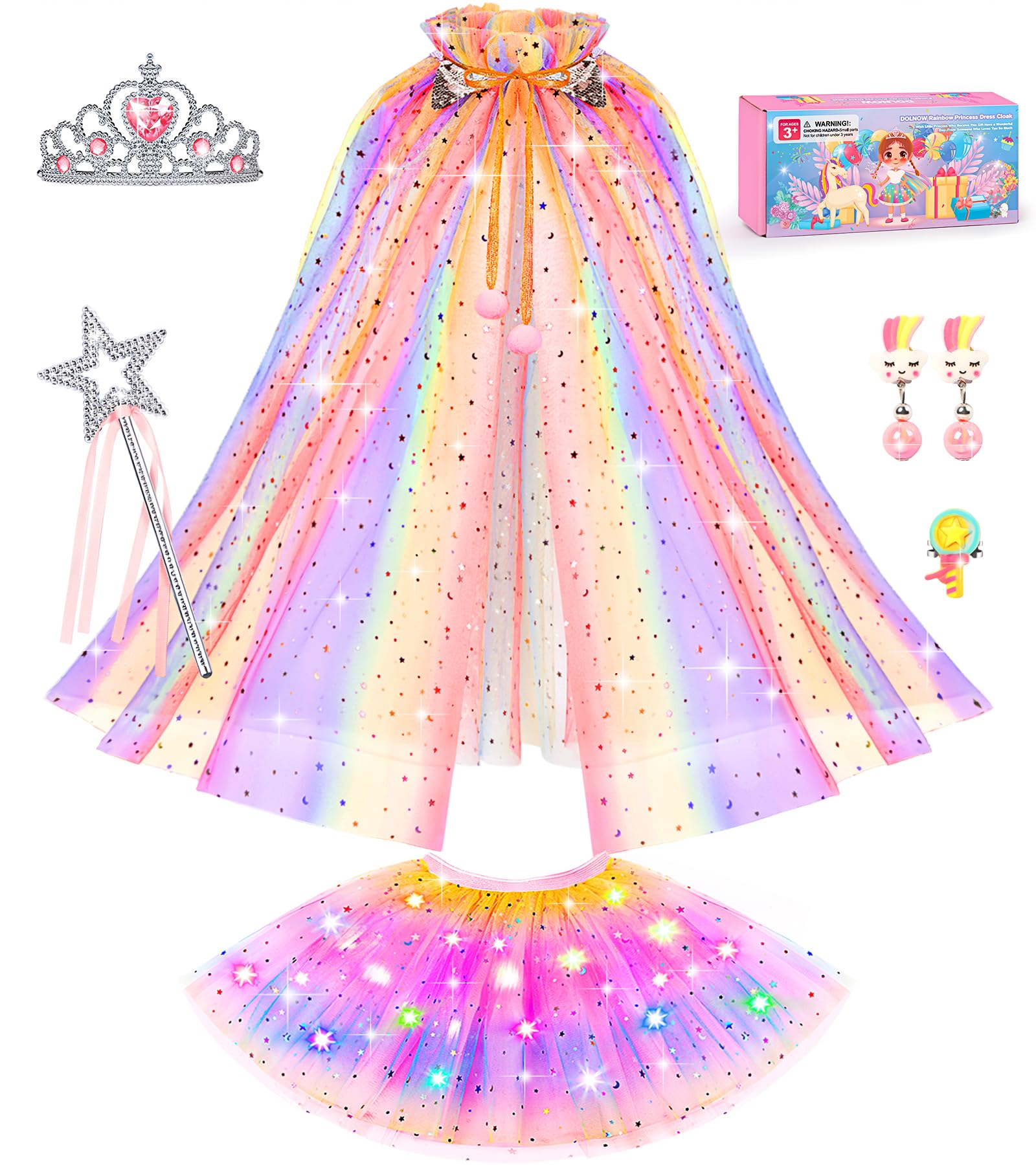 Light up Princess Dress up Clothes for Little Girl, Unicorn Princess Cape Princess Dresses Crown Toy for 3 4 5 6 Girls