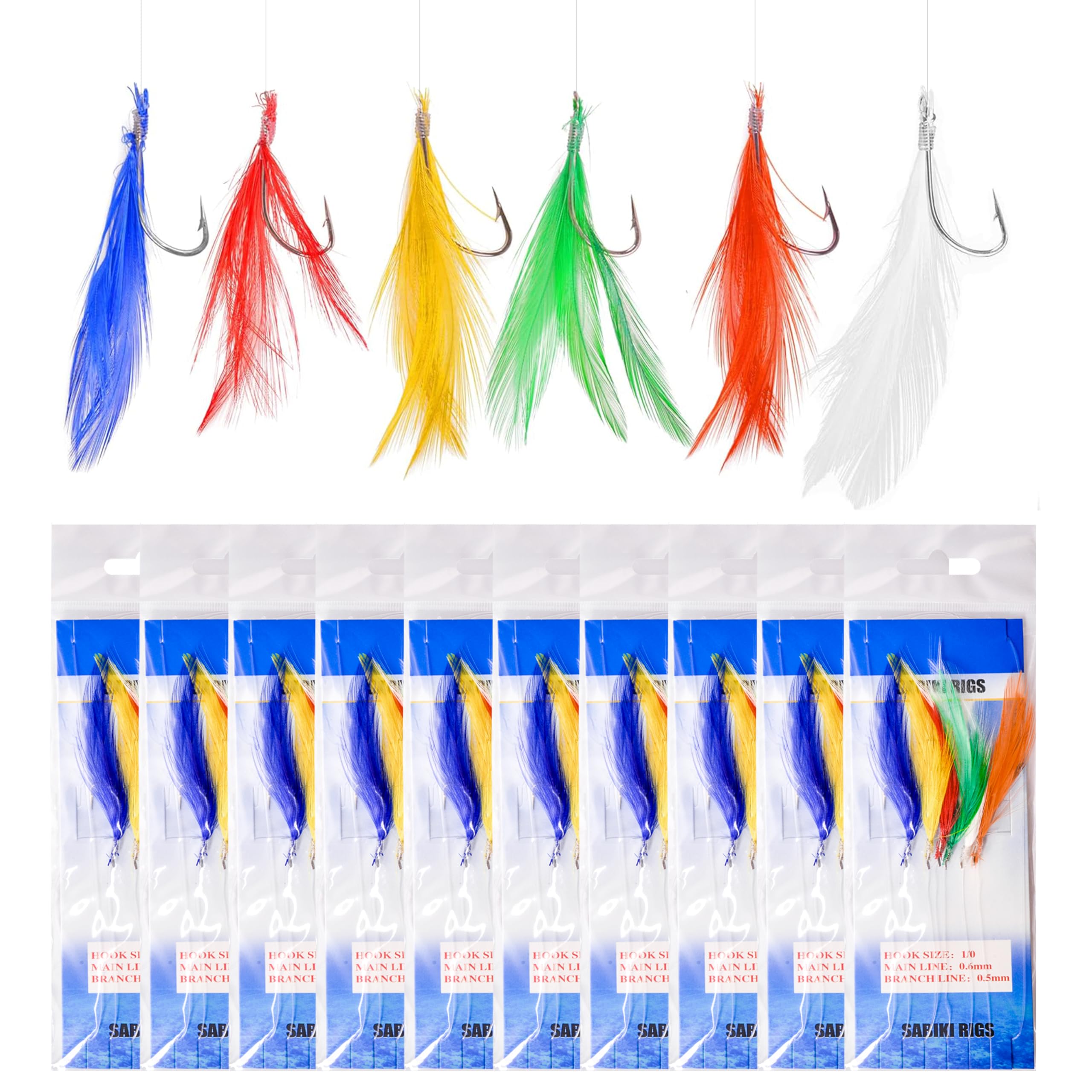 10 Packs Fishing Bait Rig Kit - Mackerel Fishing Rigs Feathered Fishing Lures Perch Rig Bait Trolling Lure with Sharp Barbed Hooks Fishing Lures Rigs
