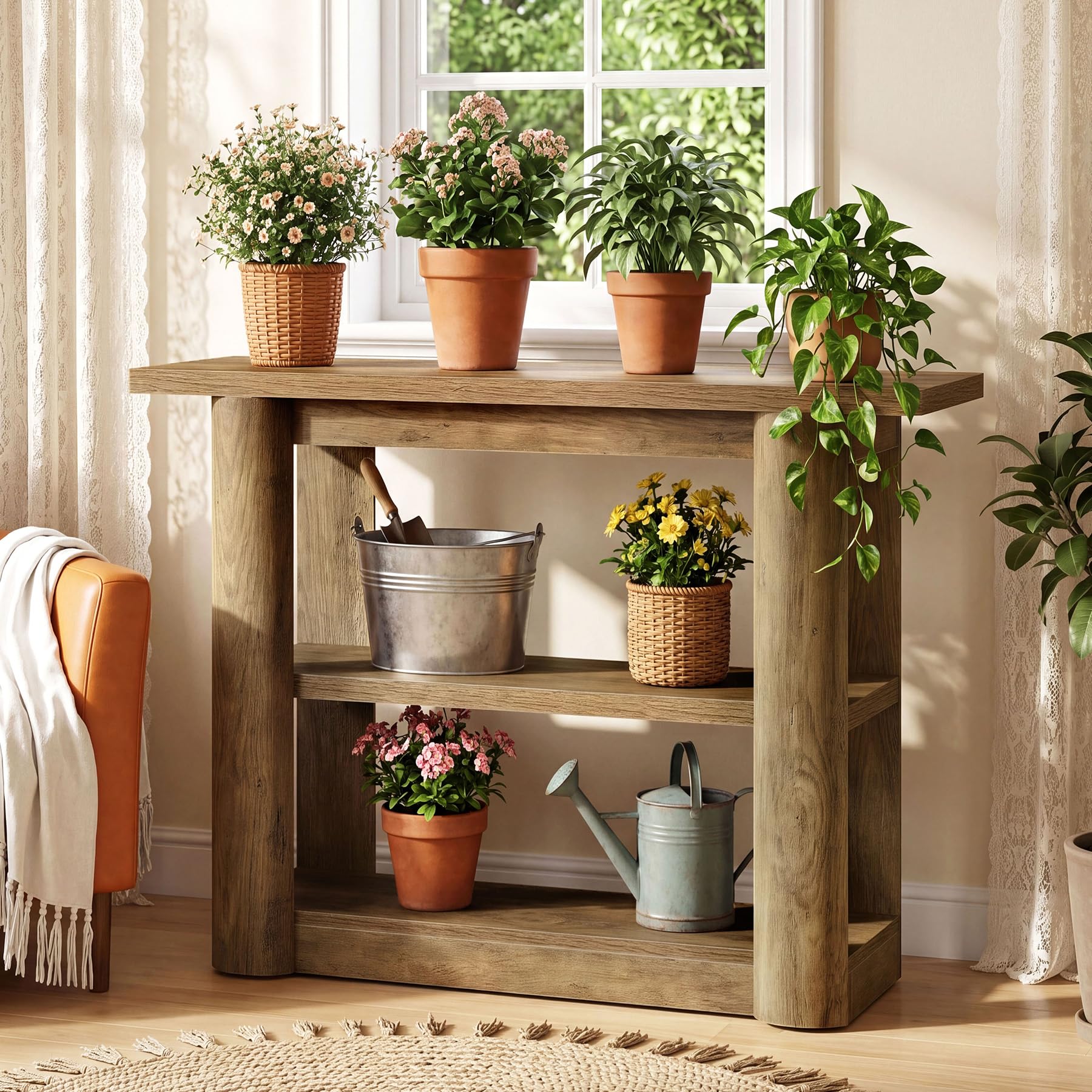 Tribesigns Konsolentisch 105cm schmal, Vintage Landhaus Flurtisch mit 3 Ebenen, Industriedesign Ablagetisch für Flur, Wohnzimmer & Eingangsbereich, platzsparender Sofatisch, Braun