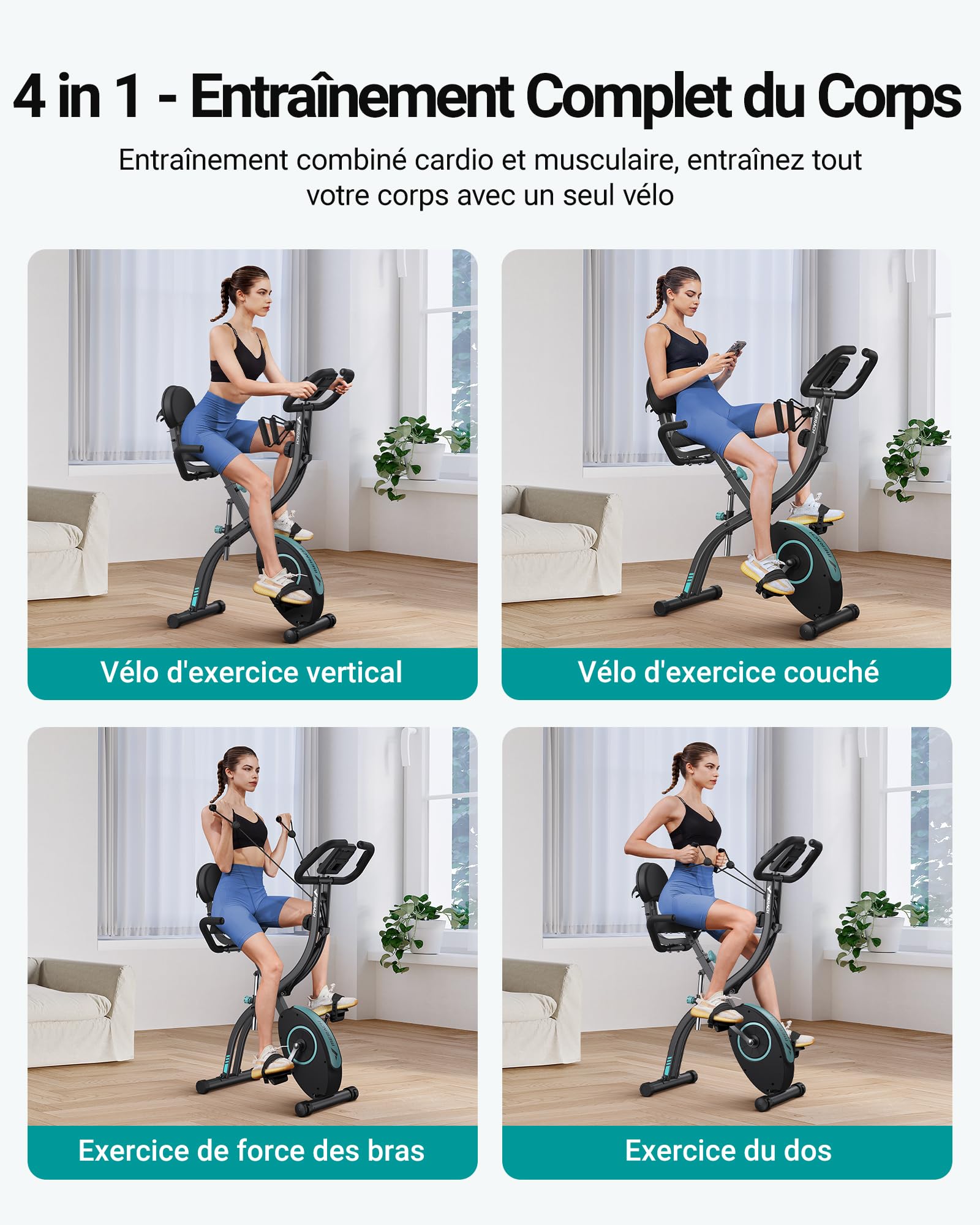 MERACH Velo D Appartement Silencieux avec App Entraînement, 4 en 1 Vélo D’Appartement Pliable avec Résistance Magnétique 16 Niveaux, Écran LCD, Mesure du Pouls, Bande de Résistance, Selle Confortable