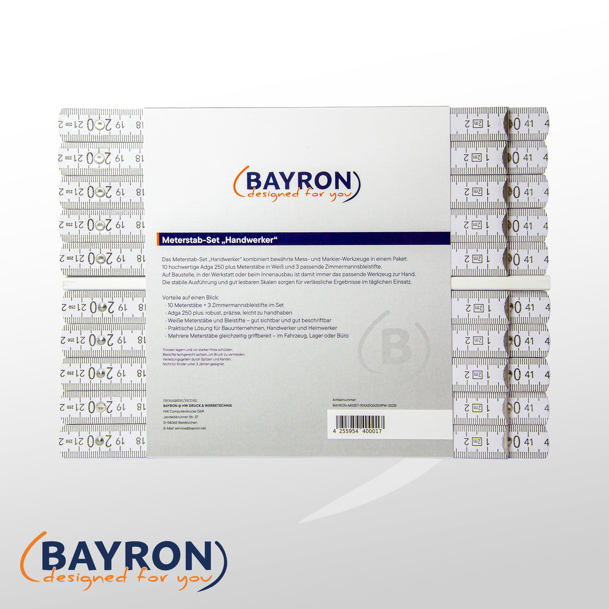 BAYRON Holz-Meterstab-Set Handwerker | 10 x ADGA 250 plus 2m Weiß Metallgelenk, 90°-Rastung, Winkelfunktion, MADE IN GERMANY | 3 x BAYRON Zimmermannsbleistift