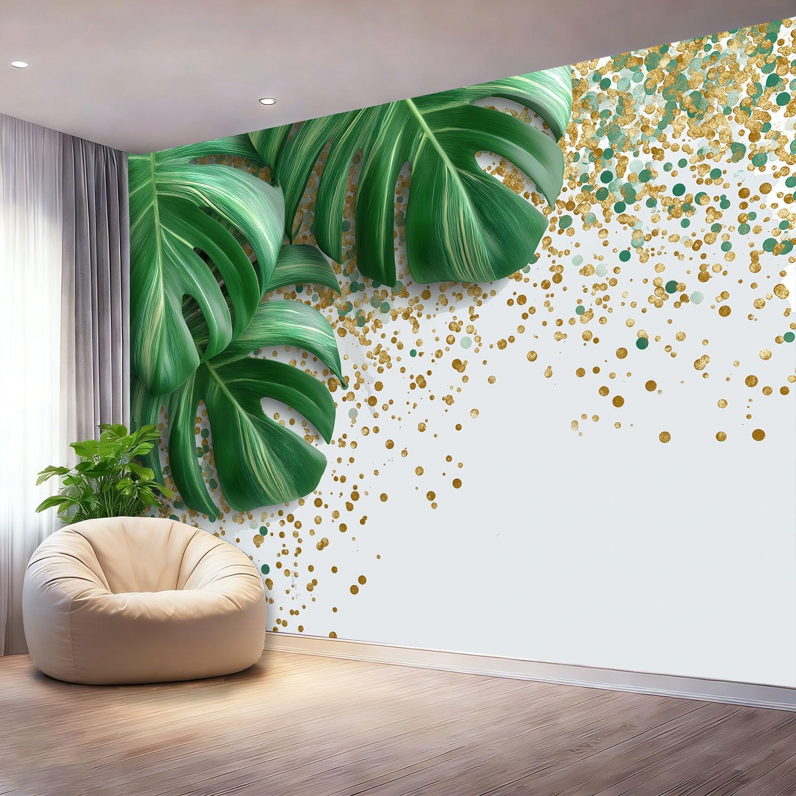 Tropikalna fototapeta liście palmowe marmur fotografia ścienna do sypialni pokoju dziecięcego, 300 x 210 cm tapeta artystyczna, kremowa