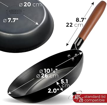 YOSUKATA 11.8 10 1/4 7.9 Carbon Steel Frying Pan - Non-Toxic Pre-Seasoned Skillet with Removable Wooden Handle