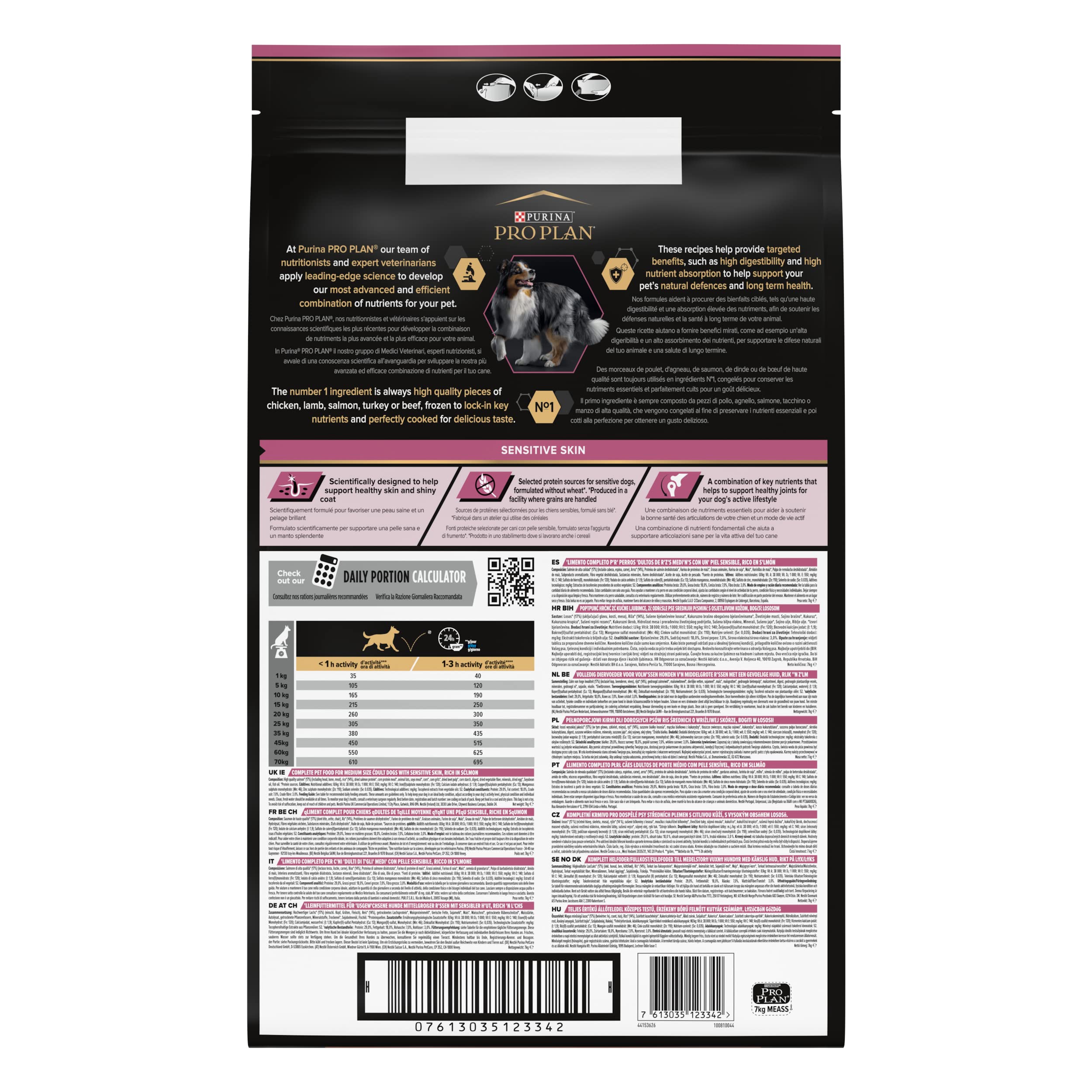 Pro Plan - Medium Adult Sensitive Skin con Optiderma, Rico en salmón – 7 kg – Pienso para Perros Adultos de tamaño Mediano
