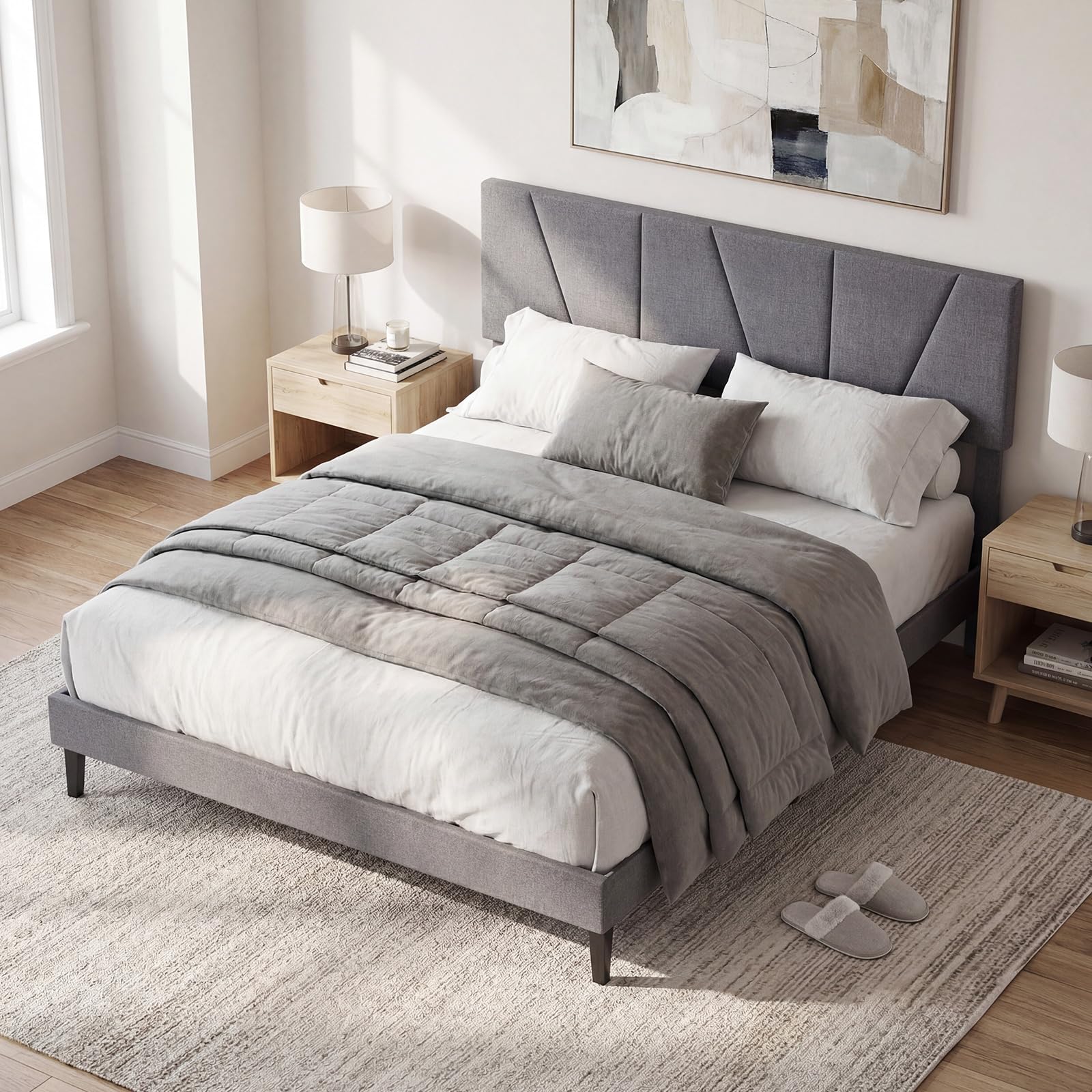 COSTWAY Struttura Letto Matrimoniale, Letto Piattaforma Rivestito in Lino con Testiera Regolabile in Altezza, Doghe in Legno a Supporto del Materasso, Silenzioso (200x160cm)