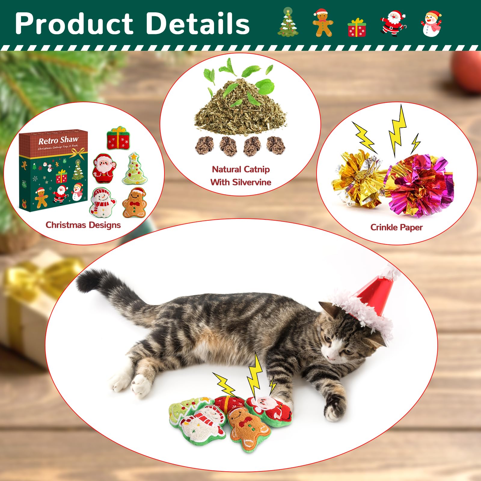 Retro Shaw Christmas Catnip Toys with Crinkle Sound 5 Pack, Cat Toys with Silvervine and Catnip for Christmas, Interactive Cat Chew Toy for Indoor Cats Kittens Kitty